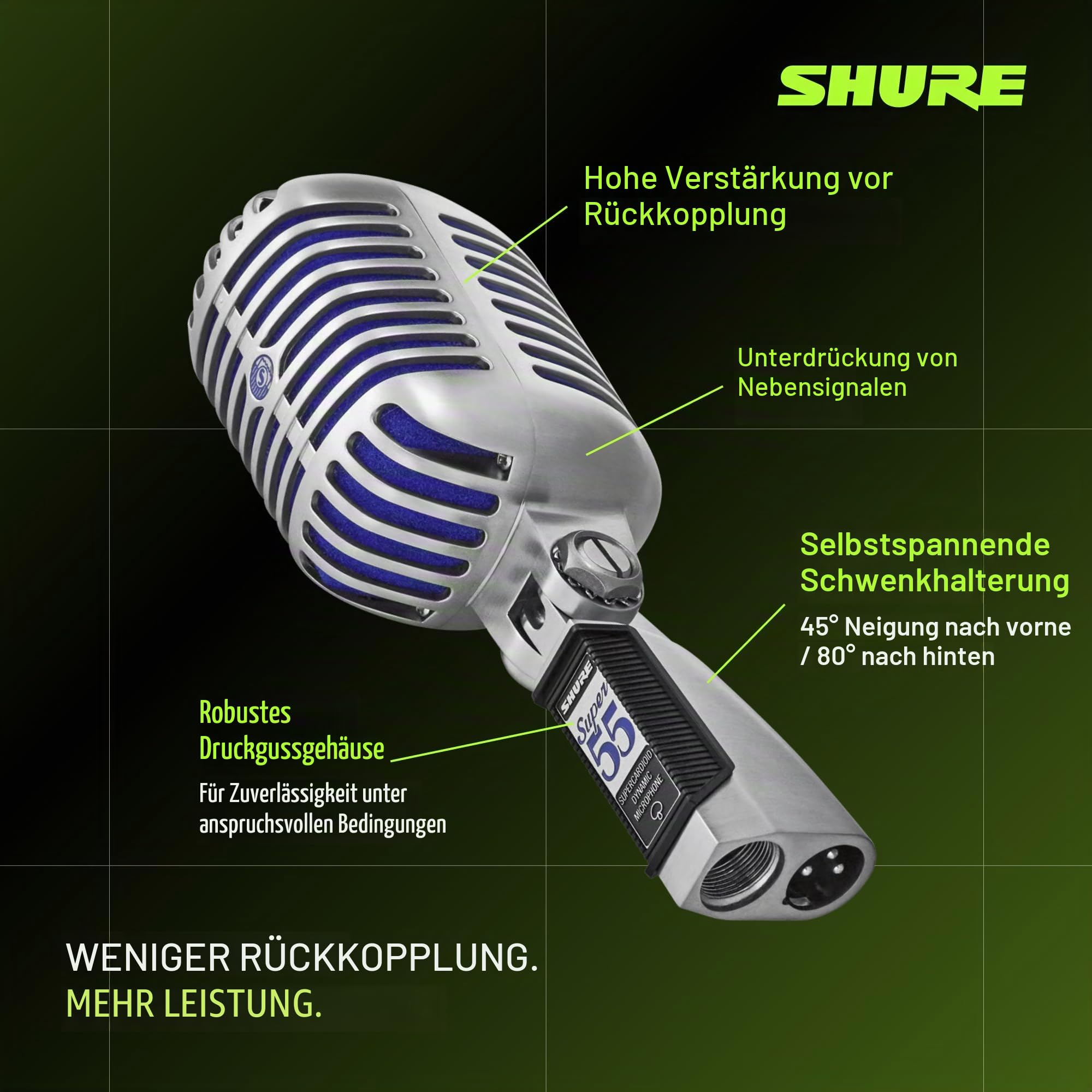 Shure Super 55 Deluxe Vocal Microfon - Vintage Supercardioid Dynamic Unidyne Mic, legendärer Look, klassisches Sound - robustes Die -Cast