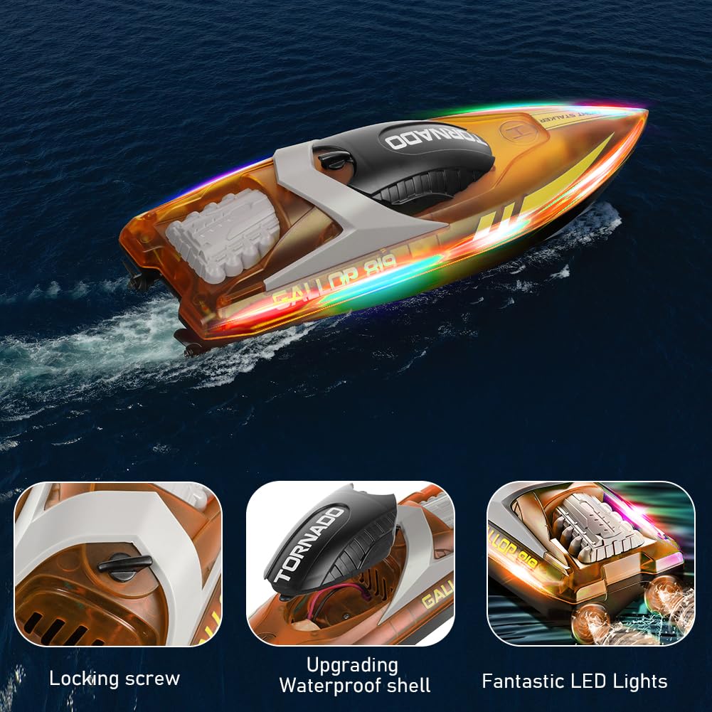 HOTUT RC-boot met ledverlichting, 15 km/u, 2,4 GHz, snelle afstandsbediening voor zwembaden en meren, kapseisherstel, 2 oplaadbare batterijen, snelheidsspeelgoed voor jongens en meisjes