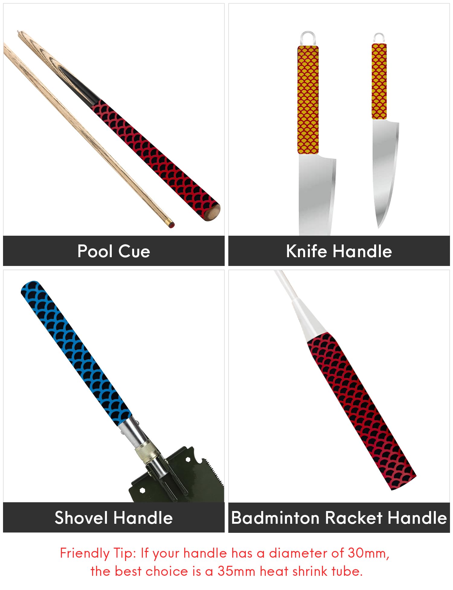 Accering Gaine thermorétractable bicolore motif écailles de poisson – Base noire avec texture rouge, 35 mm – Imperméable et antidérapant pour poignées d'ustensiles de cuisine/équipement