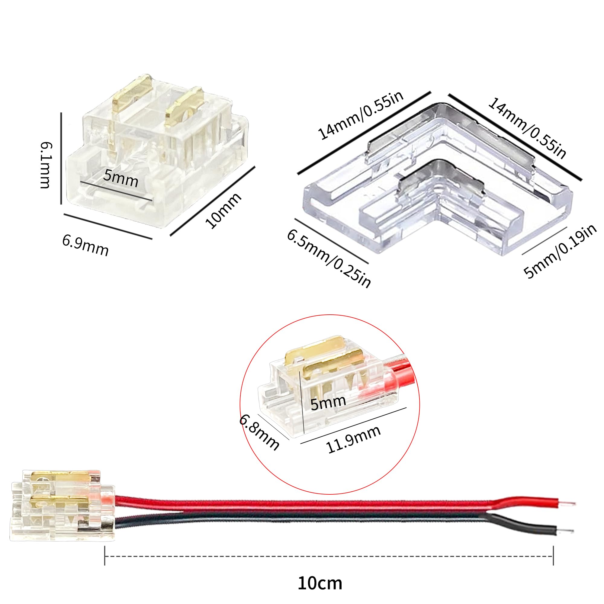 Clearhill 5mm 2Pin 24PCS Press-in Assembly COB LED Strip Connector Corner Kit,14PCS Strip to Strip,6PCS L-Shape,4PCS Strip to Wire +10cm Cable,for 5V 12V 24V Strip - Image 2