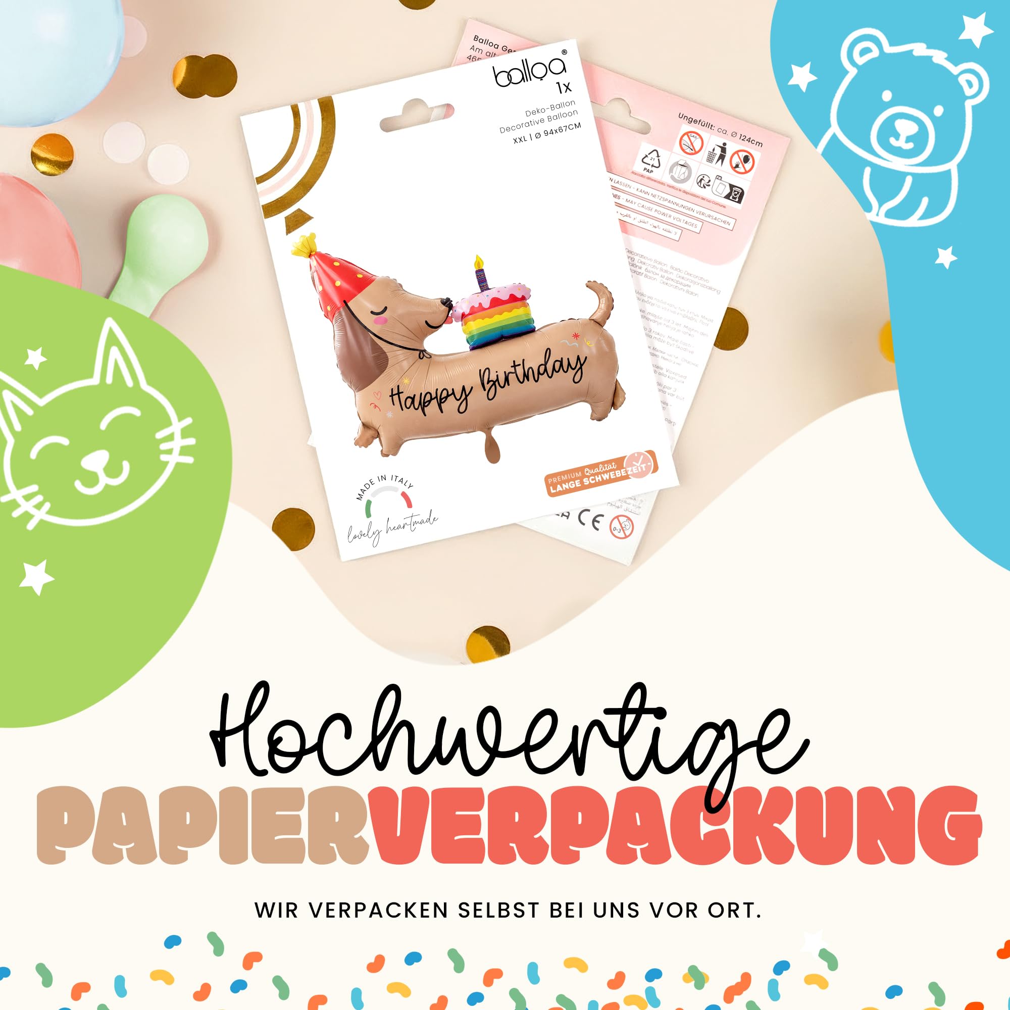 Palloncino XXL per cani bassotto Happy Birthday, palloncino a elio, palloncino a elio, decorazione per feste di compleanno, motivo cane, per ragazzi e ragazze, regalo di compleanno per bambini