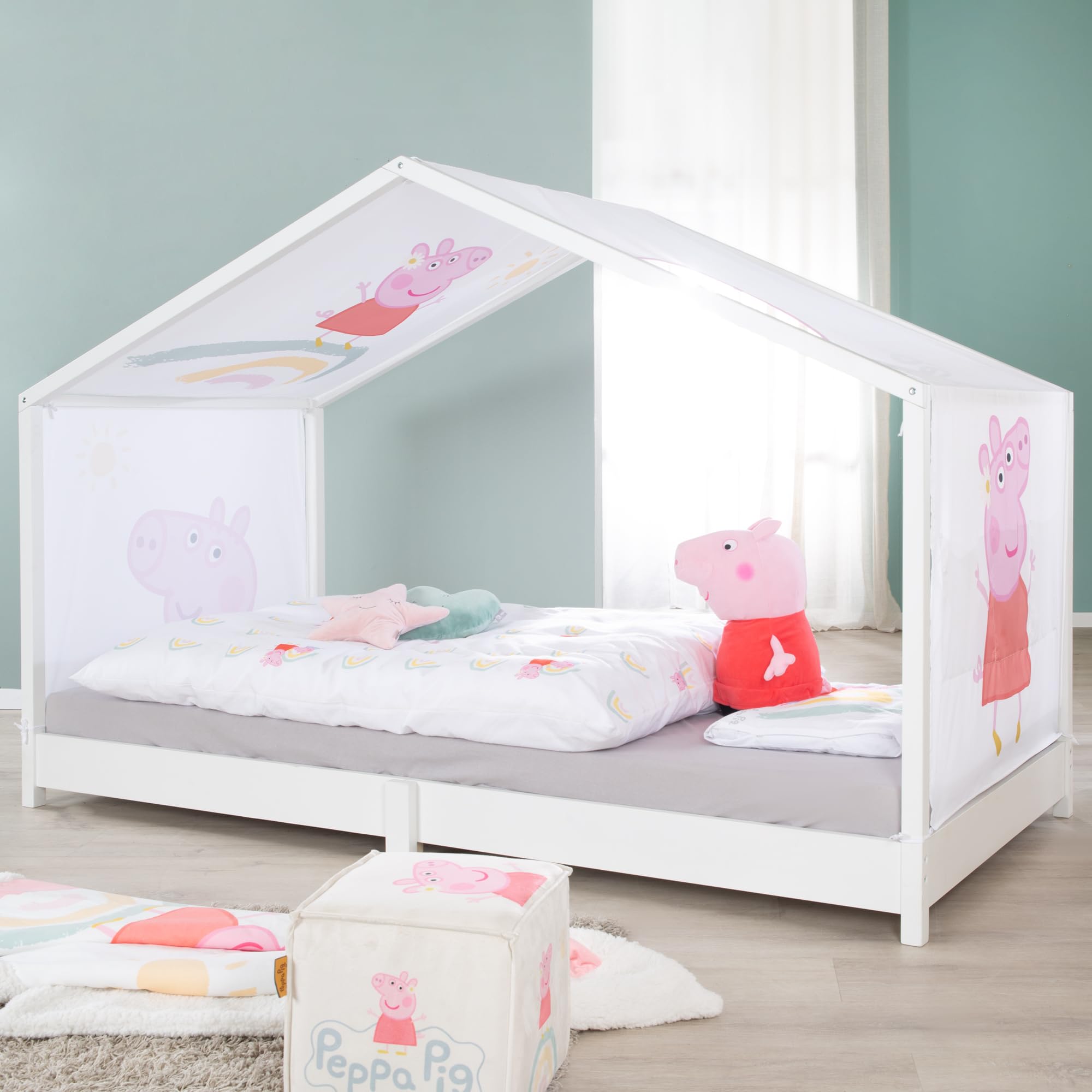 Funda roba para camas Montessori tipo casita 90 x 200 cm con diseño Peppa Pig - Accesorio para convertirla en cama con dosel - Incluye 3 bolsillos y ventana en el techo