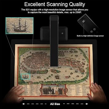 A2 large format book scanner, document camera scanner, resolution up to 23MP, OCR text recognition, automatic continuous shooting