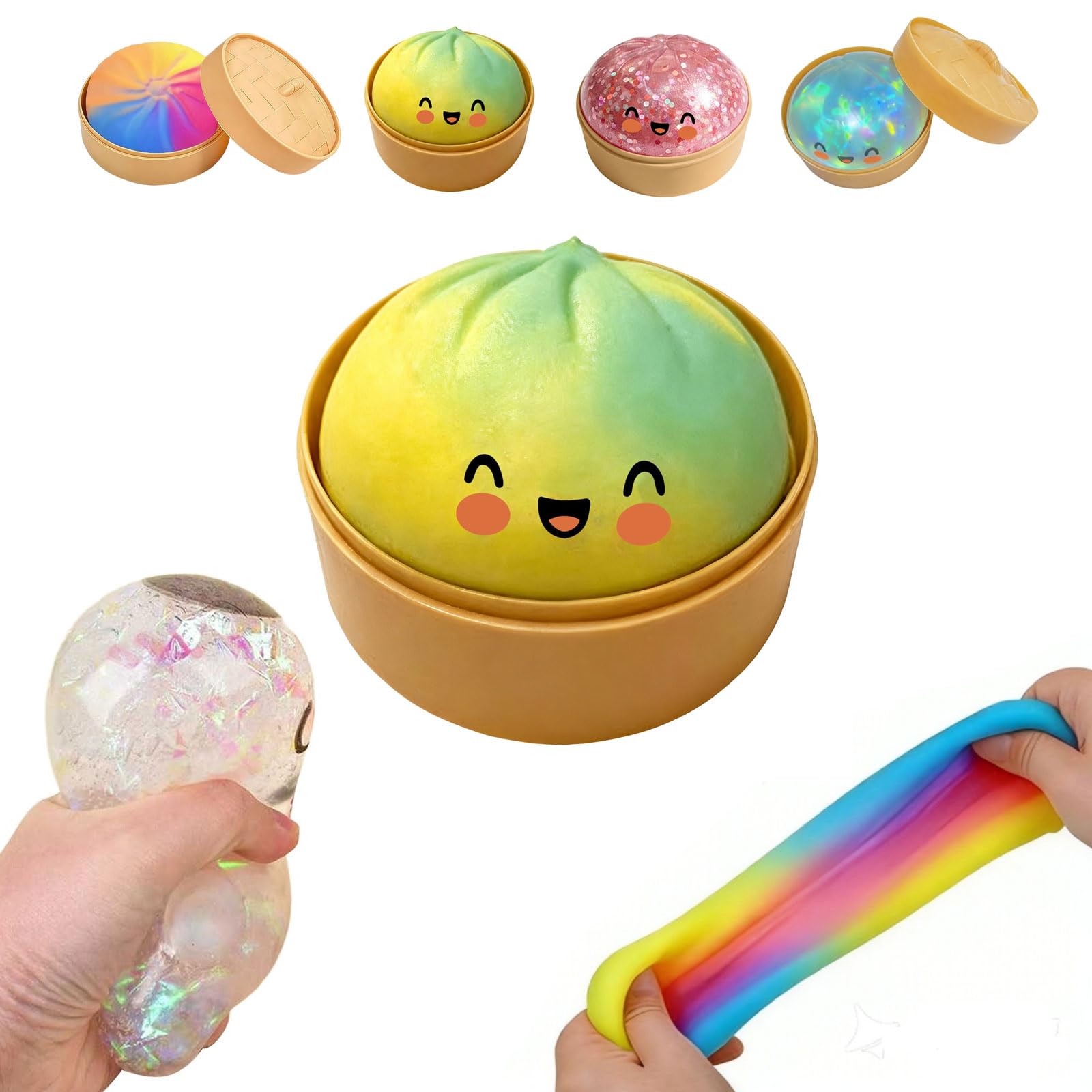 Giant Glitter Dumpling - Rainbowe Giant Squishy Dumpling Stress Toy, Cute Rainbow Dumplings Buns Bao With Steamer Box,Squishy Balls, Stress Relief Squishy Dumplings Toy (Green) — image 1