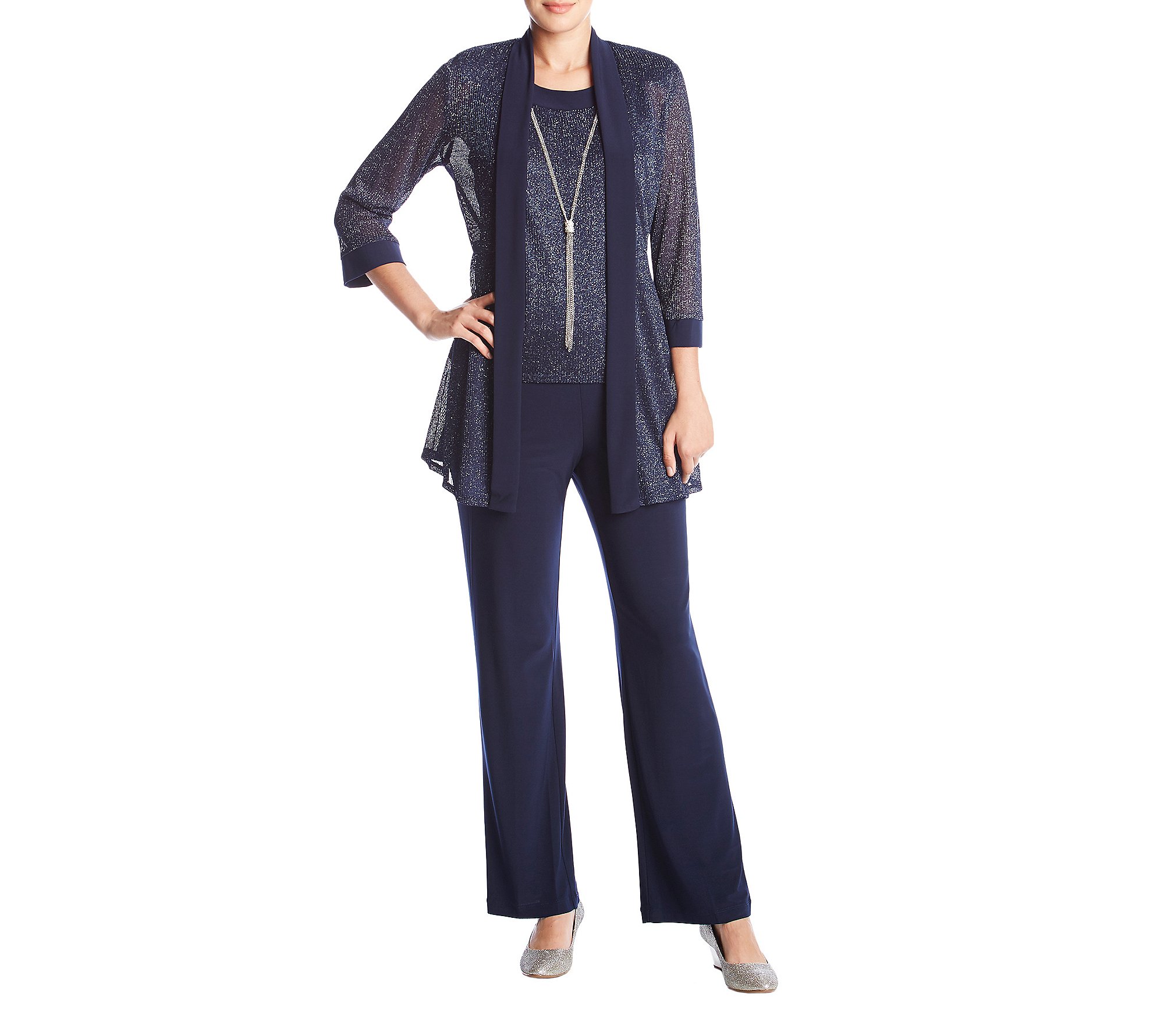 Women's Two Piece Metalic Rib Pant Set Missy