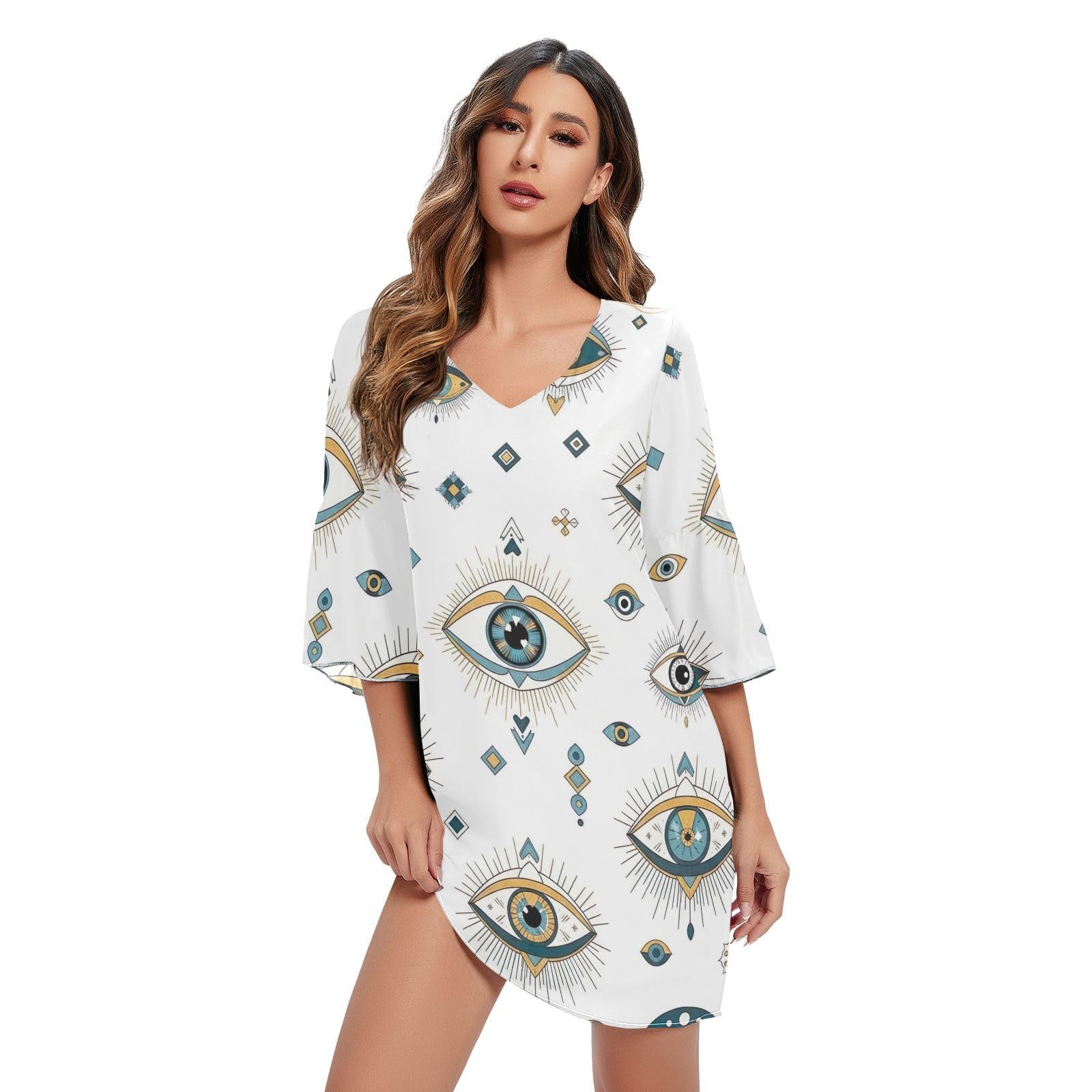Robe de plage hawaïenne en mousseline blanche col en V chic - 7