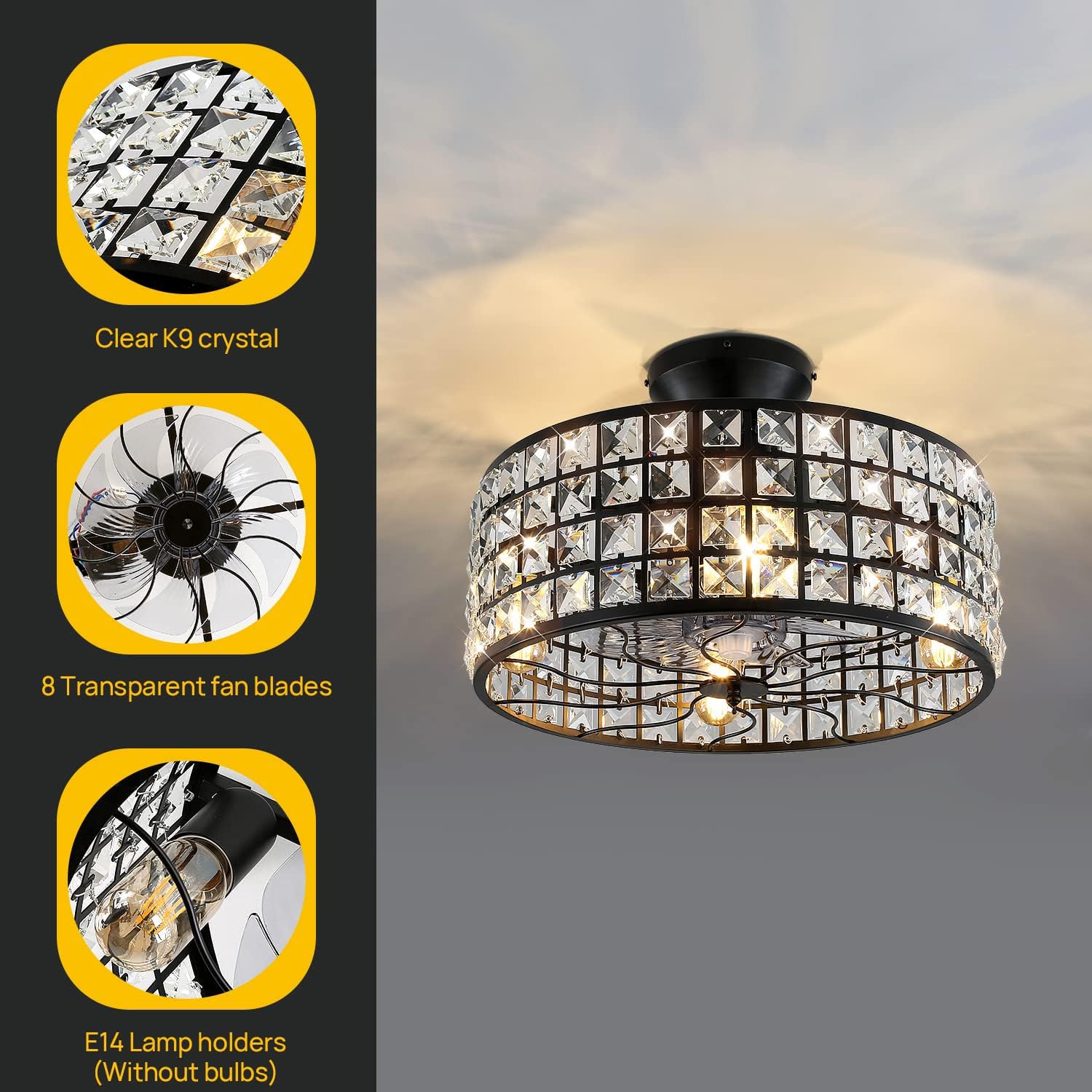 18inchCage Ceiling Fan with Lights Remote Control 8 Blades Rustic Crystal Chandelier Fan Industrial Bladeless for Living Dining Room Bedroom Kitchen Farmhouse