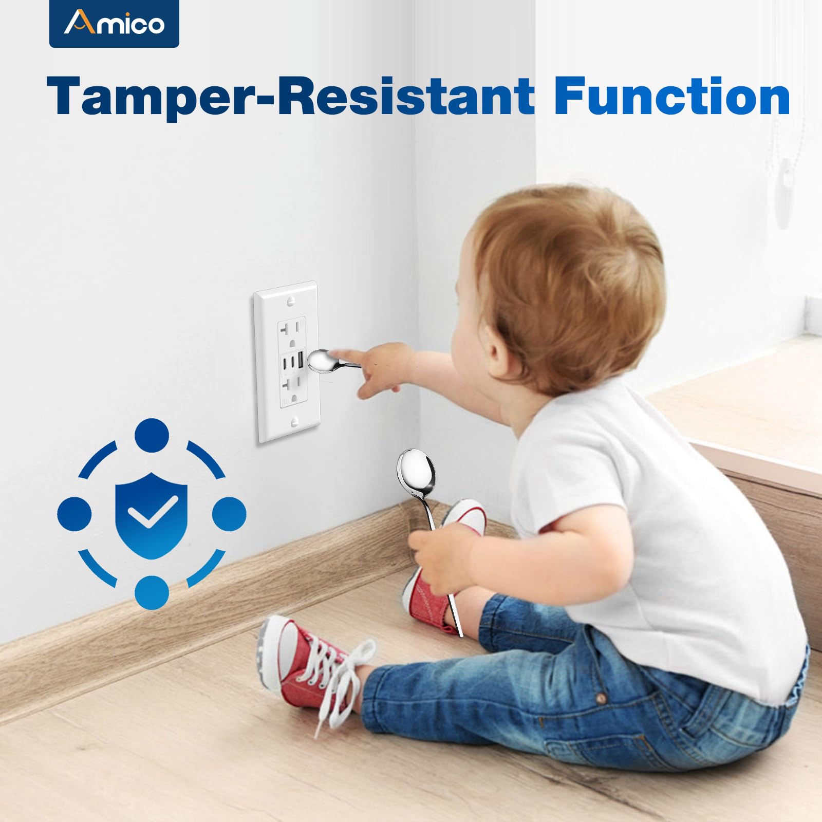 Amico Lot de 6 prises USB 6,0 A, prises murales à 3 ports 30 W avec 2 prises de type C et 1 prise de type A, prise de courant 20 A, prise inviolable, plaque murale incluse, homologuée ETL, blanc