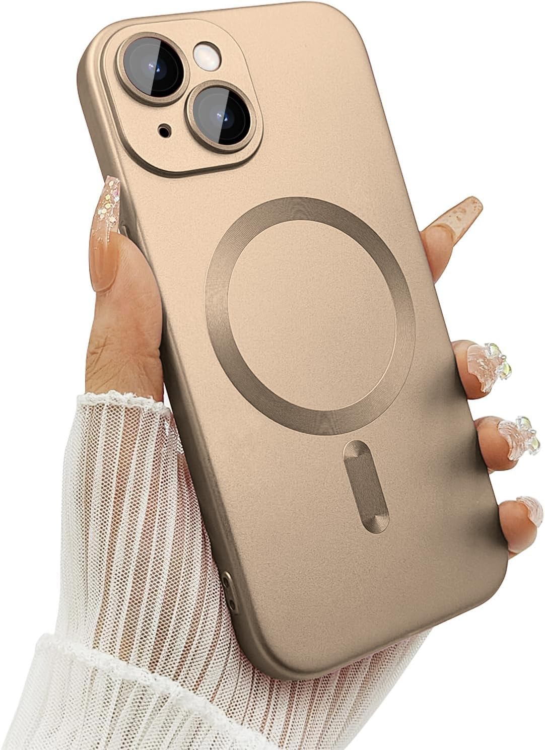 DIZORO® Magnetic Case for iPhone 13 / iPhone 14 Cover [Compatible with MagSafe][Built-in Camera Lens Protector] Slim Soft Silicone Bumper Shockproof Metallic Luster Back Cover Phone Cases (Desert)