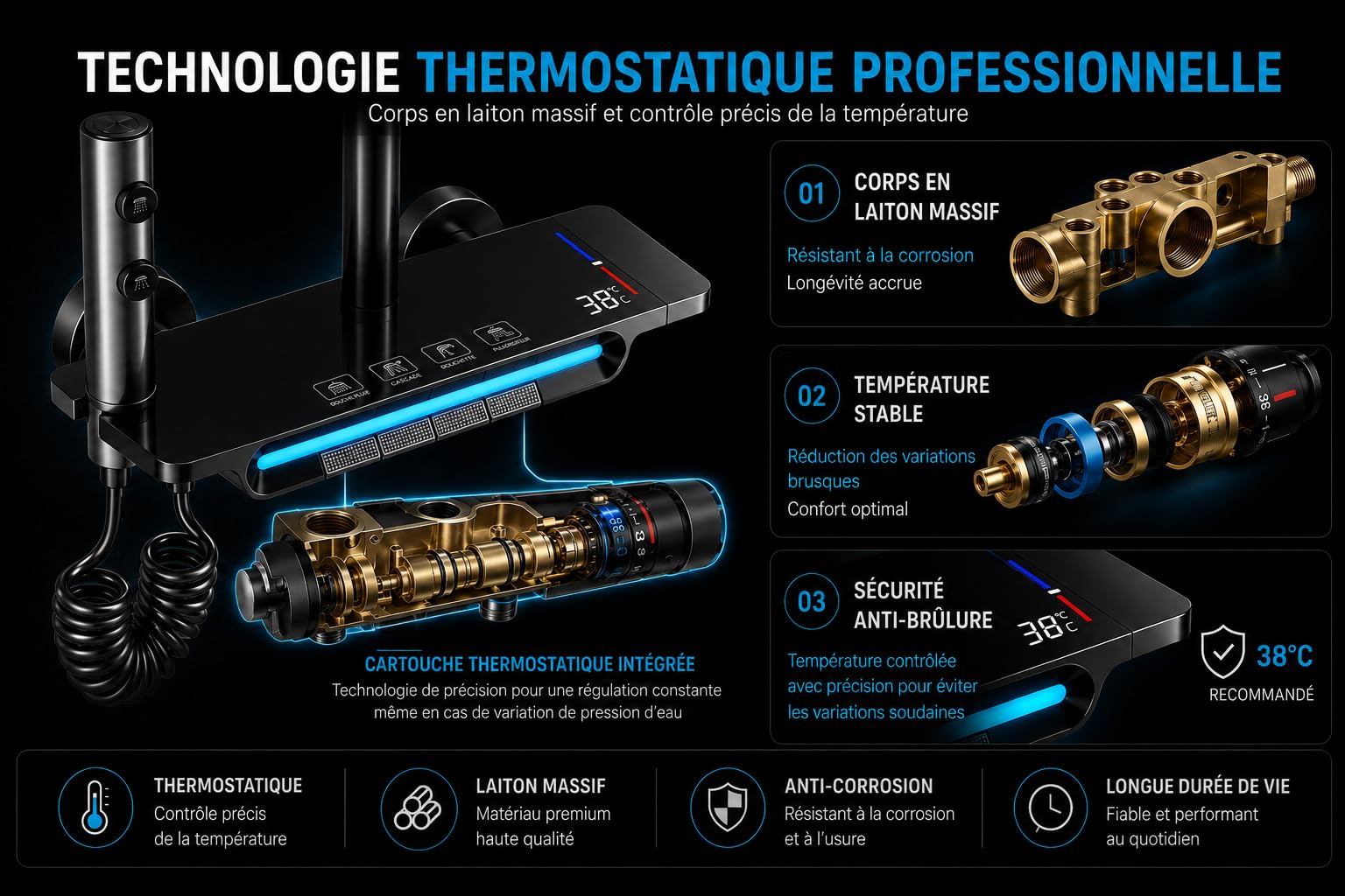 Colonne de Douche Thermostatique Noir 4 en 1 avec Mitigeur Mural | Design Piano, LED Température, Pommeau Pluie & Douchette, Robinet Inclus | Installation Facile pour Salle de Bain Moderne