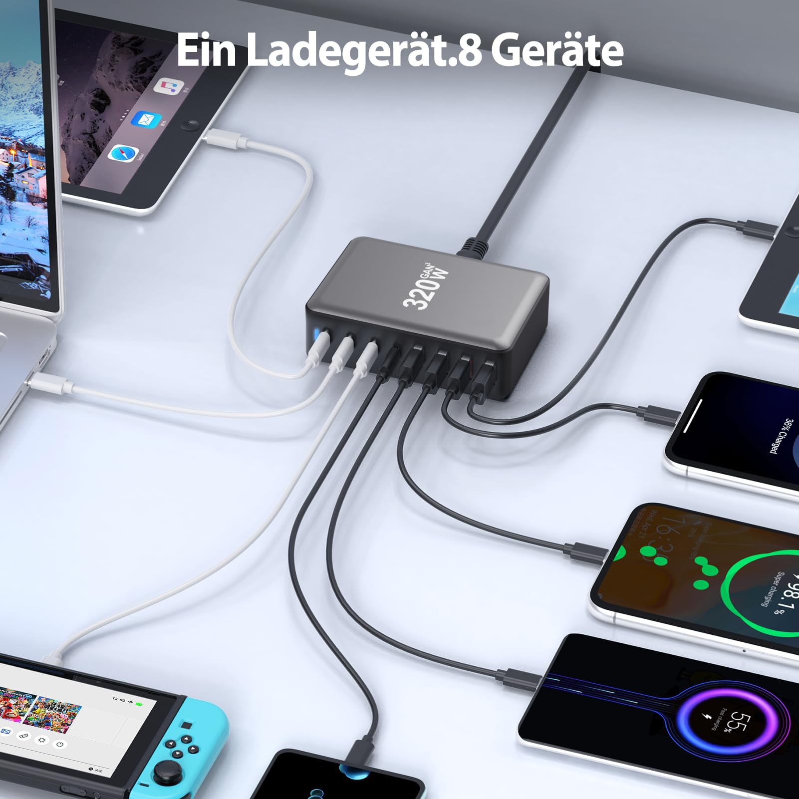 USB C Charger Block 320W 8 Port GaN3 Fast Charging Station Compatible with Laptop,ipad, iPhone 16/15/14/13 /12 Pro Max Fast Charger Pixel Note MacBook Pro/Air USB C Charger for Android