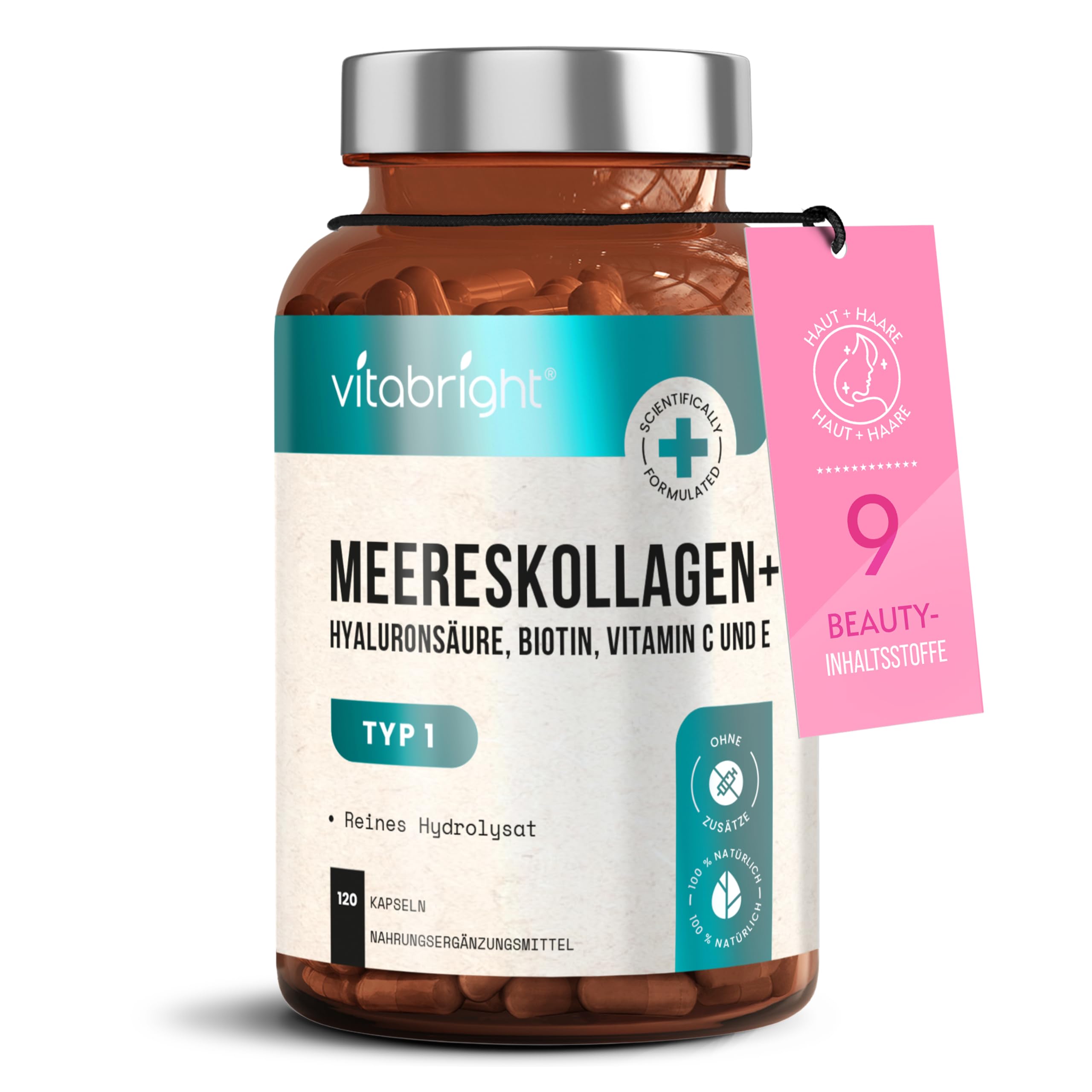 Kollagen Kapseln Hochdosiert | Hydrolysiertes Marine Collagen Pulver | 120 Hyaluron Kollagen Kapseln | Mit Vitamin C, Zink und Biotin | Laborgeprüft | VitaBright