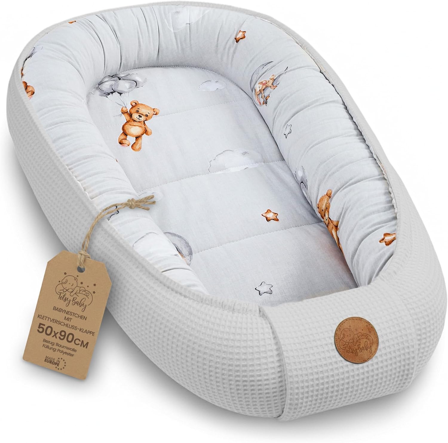 Totsy Baby Réducteur de lit bébé 50 x 90 cm Cocon gaufré en coton polyvalent pour couffin d’emmaillotage et naissance Idéal pour garçons et filles Peluche
