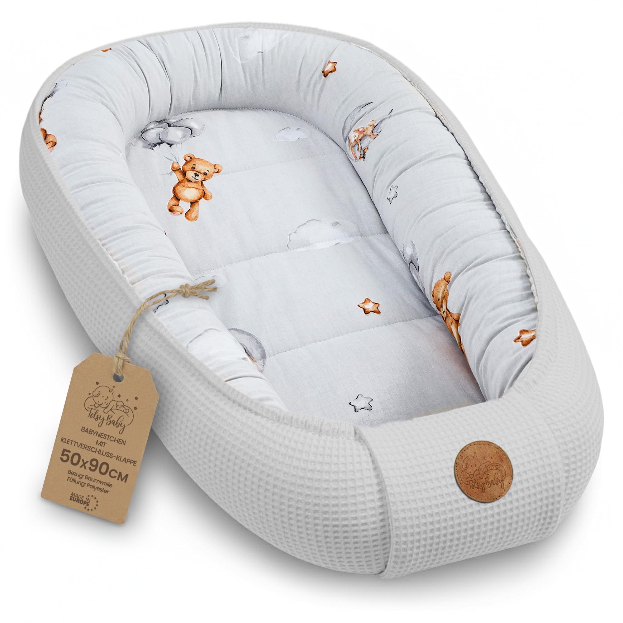 Baby Nest Pod Bassinet Lounger – 90x50 cm Sleep Pod Newborn 0-36 Months Portable Co Sleeper Travel Furniture Cozy Snuggle Breathable Cotton Wafel Teddy Bears