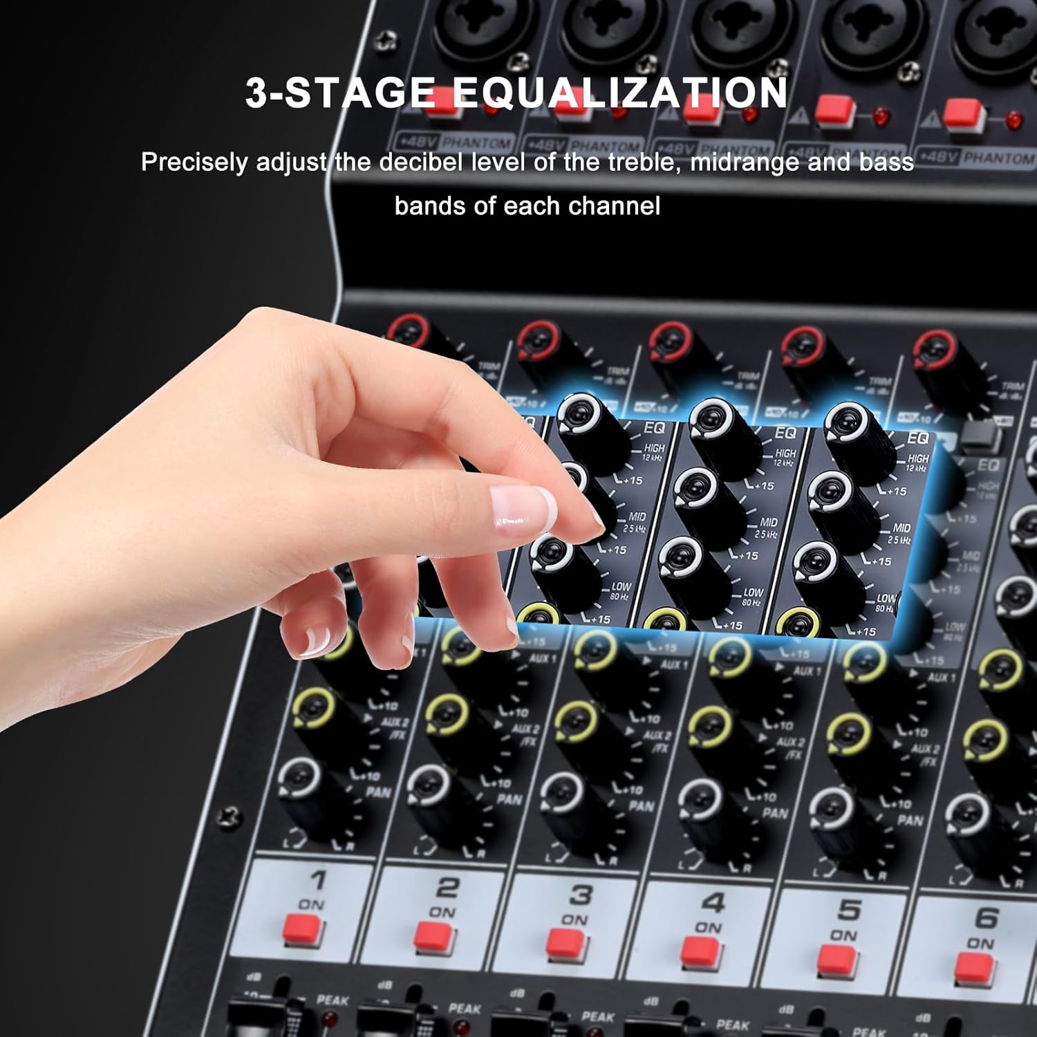 Close-up of the 3-band equalizer knobs on a mixer channel.