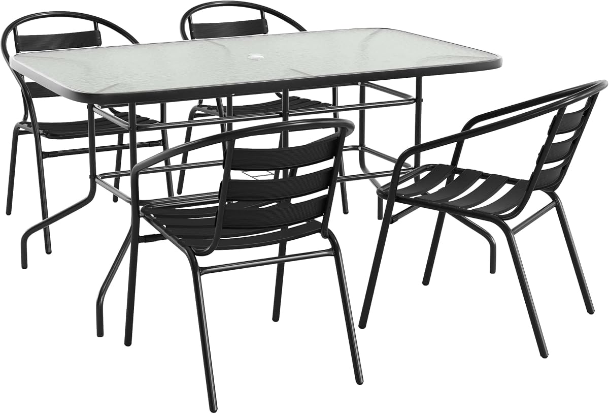 Flash Furniture Glass Table with 4 Chairs, Black, 5-Piece Set | Umbrella Hole, 55 in Tempered Glass, Aluminum Slat Back Stack Chairs