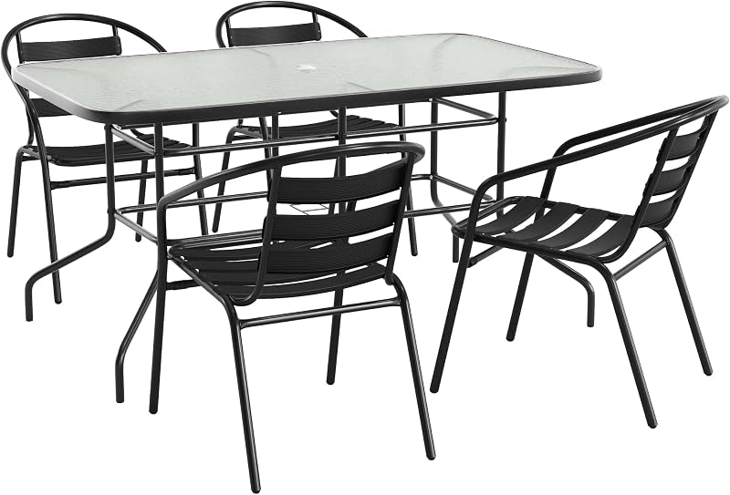 Flash Furniture Glass Table with 4 Chairs, Black, 5-Piece Set | Umbrella Hole, 55 in Tempered Glass, Aluminum Slat Back Stack Chairs