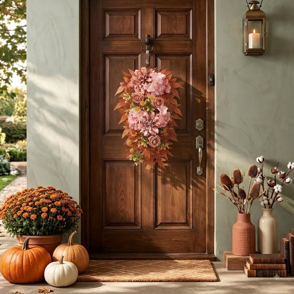 24" Artificial Fall Teardrop Swags for Front Door, 2 Pack