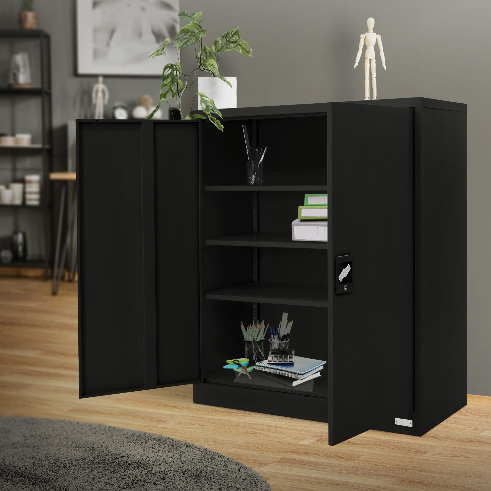 ML-Design Armadio per Archiviazione con Serratura Nero 90x40x109 cm Acciaio Schedario 3 Ripiani Regolabili in Altezza Armadio per Ufficio a 2 Ante Mobiletto Portadocumenti Armadietto Schedario