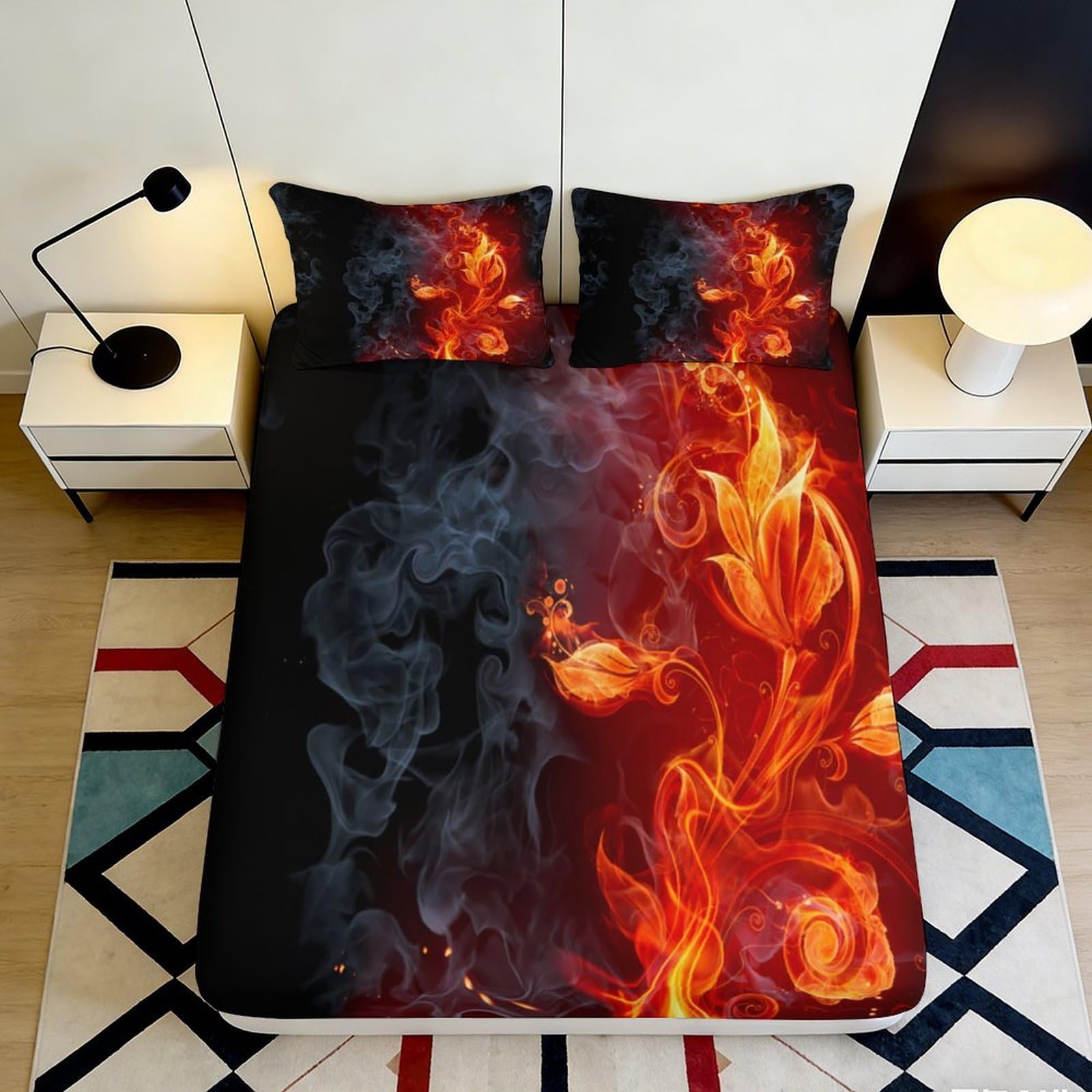 3D Printed Flame Fitted Sheet Microfiber Deep Pocket Non-Slip Bedroom Bedding Flame Mattress Fitted Cover Washable Elastic Hem 140x200x25cm