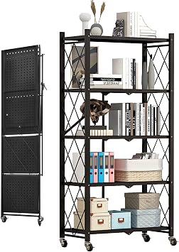 Heavy Duty 5-Tier Foldable Storage Shelf with Locking Wheels, No Assembly Metal Shelving Unit, Space-Saving Organizer for Garage, Kitchen, Basement, Pantry, 28" x 14" x 62", Black 1