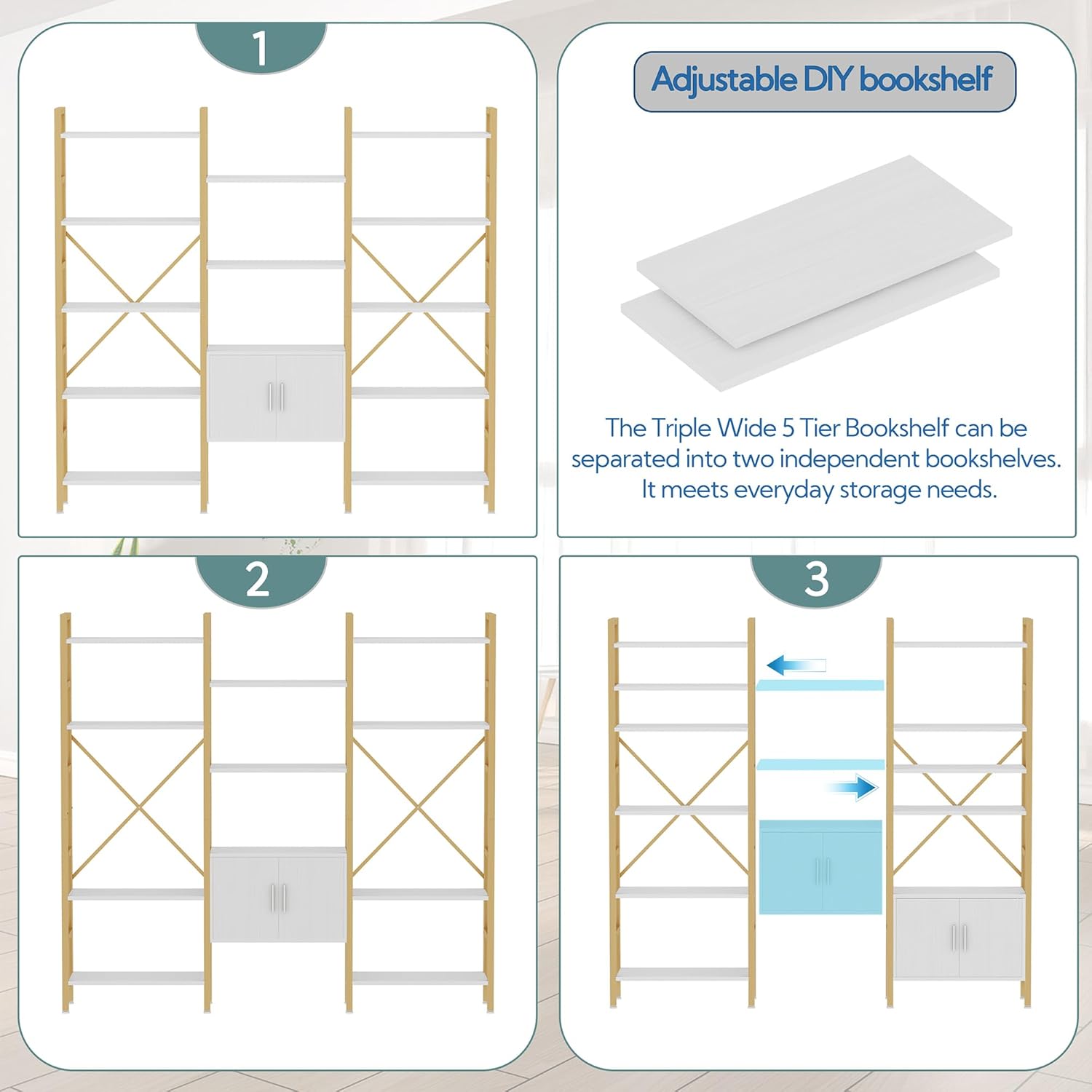 Yusong Bookshelf Triple Wide 5 Tier Bookcases with Storage Cabinet, Industrial Large Modern Tall Bookshelves with 12 Open Display Shelves for Living Room Office Bedroom, White and Gold - Image 7