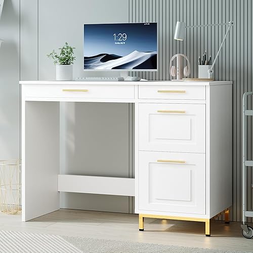 Miniatura 6 de 4 EVER WINNER Escritorio blanco con cajones y manija dorada, escritorio pequeño de 43 pulgadas con 4 cajones de almacenamiento, escritorio para