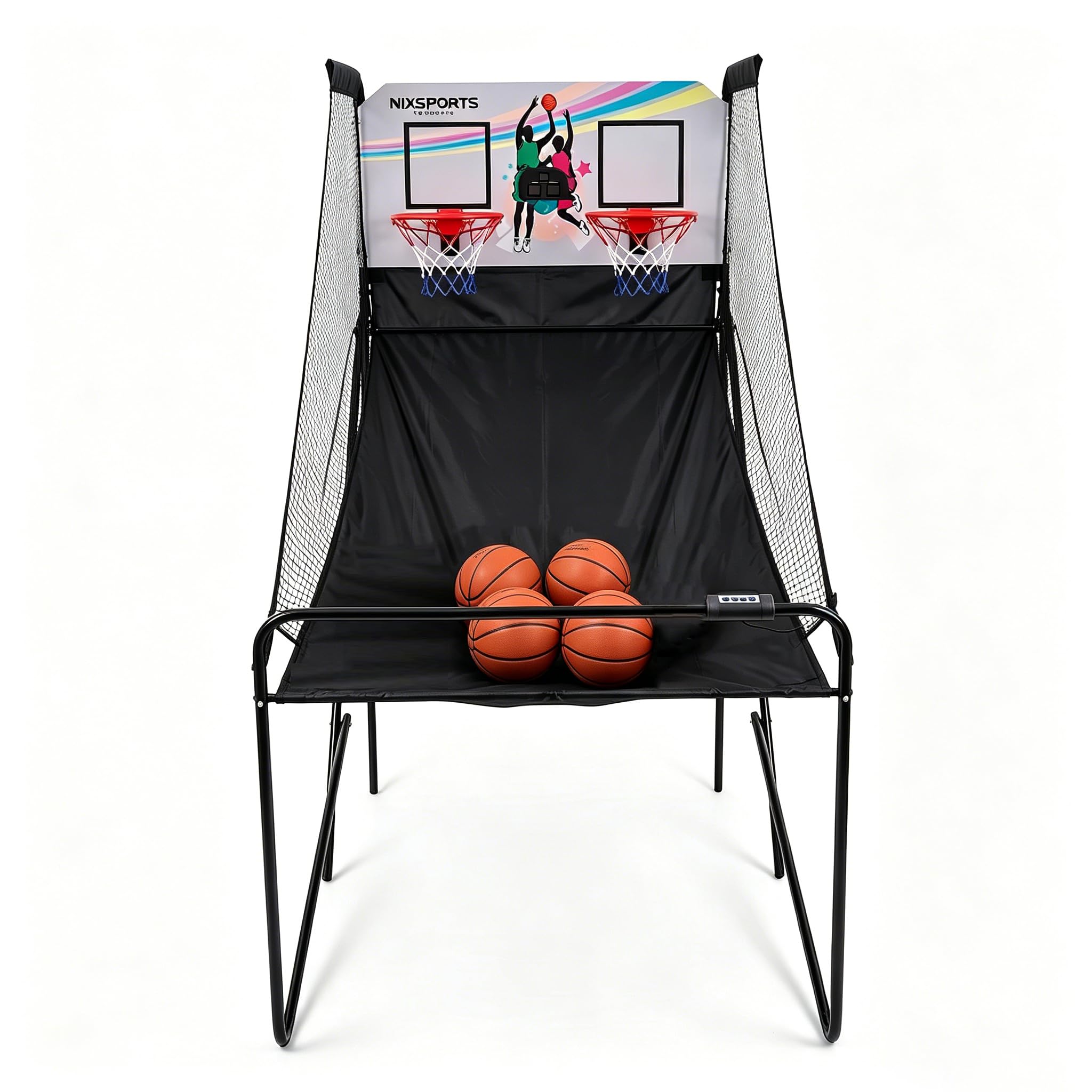 Canasta Doble Arcade Infantil Plegable con Marcador electrónico y Sonido – Panel Inteligente, Acero Reforzado, Red Nylon Resistente, Retorno balón, Interior