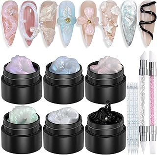 Solid Builder Gel Kit, 6 Colors Non Sticky Solid Builder Gel for Nails Aurora Blue Pink Pearl White With Silicone Carving Pen Hard Gels 3D Sculpting Gels Nail Art Starter Kit