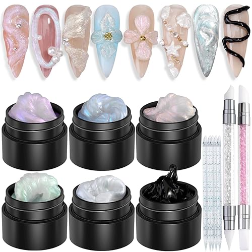 Kit de gel constructor sólido, 6 colores no pegajosos gel constructor sólido para uñas Aurora azul rosa perla blanco con lápiz de tallado de