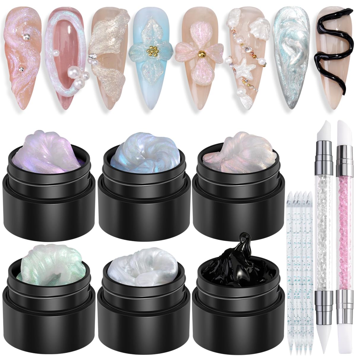 Solid Builder Gel Kit, 6 Colors Solid Builder Gel Non Sticky Nails Builder Gel Aurora Blue Pink Pearl White with Silicone Sculpting Pen 3D Hard Gel Kit