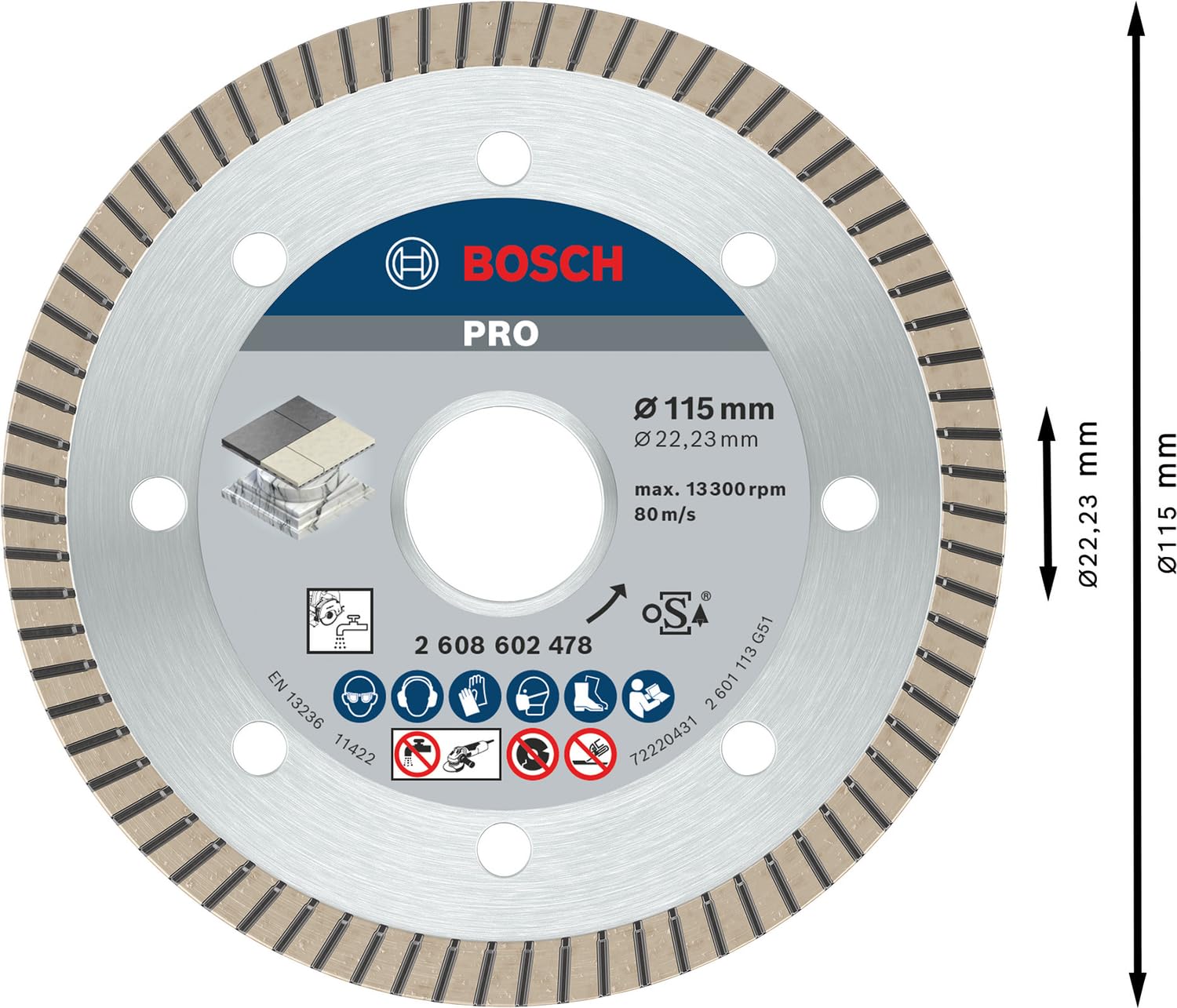 Bosch 2608602478 Disque à tronçonner diamanté Best for Ceramic Extra-Clean Turbo 115 x 22,23 x 1,4 x 7 mm, 1 pièce