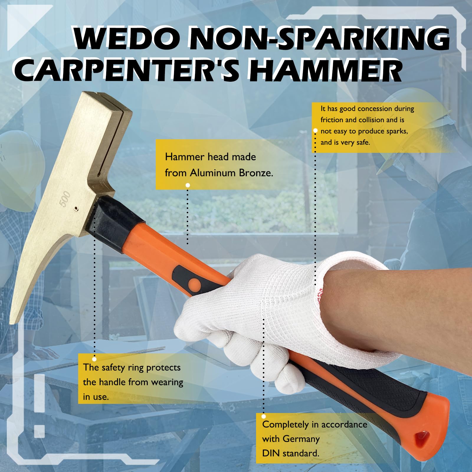 WEDO Martillo de carpintero sin chispas, Herramientas, Martillo de seguridad sin chispas, Bronce de aluminio, Estándar DIN, Certificado BAM y FM, 500 g x 300 mm