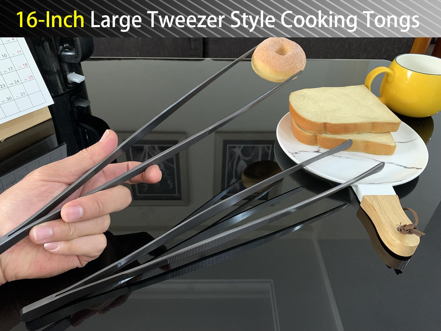 JETKONG 2 pinzas de cocina de 16 pulgadas con puntas dentadas de precisión, pinzas de chef de acero inoxidable, pinzas de cocina profesionales para barbacoa, chapado y servir (16 pulgadas, negro)