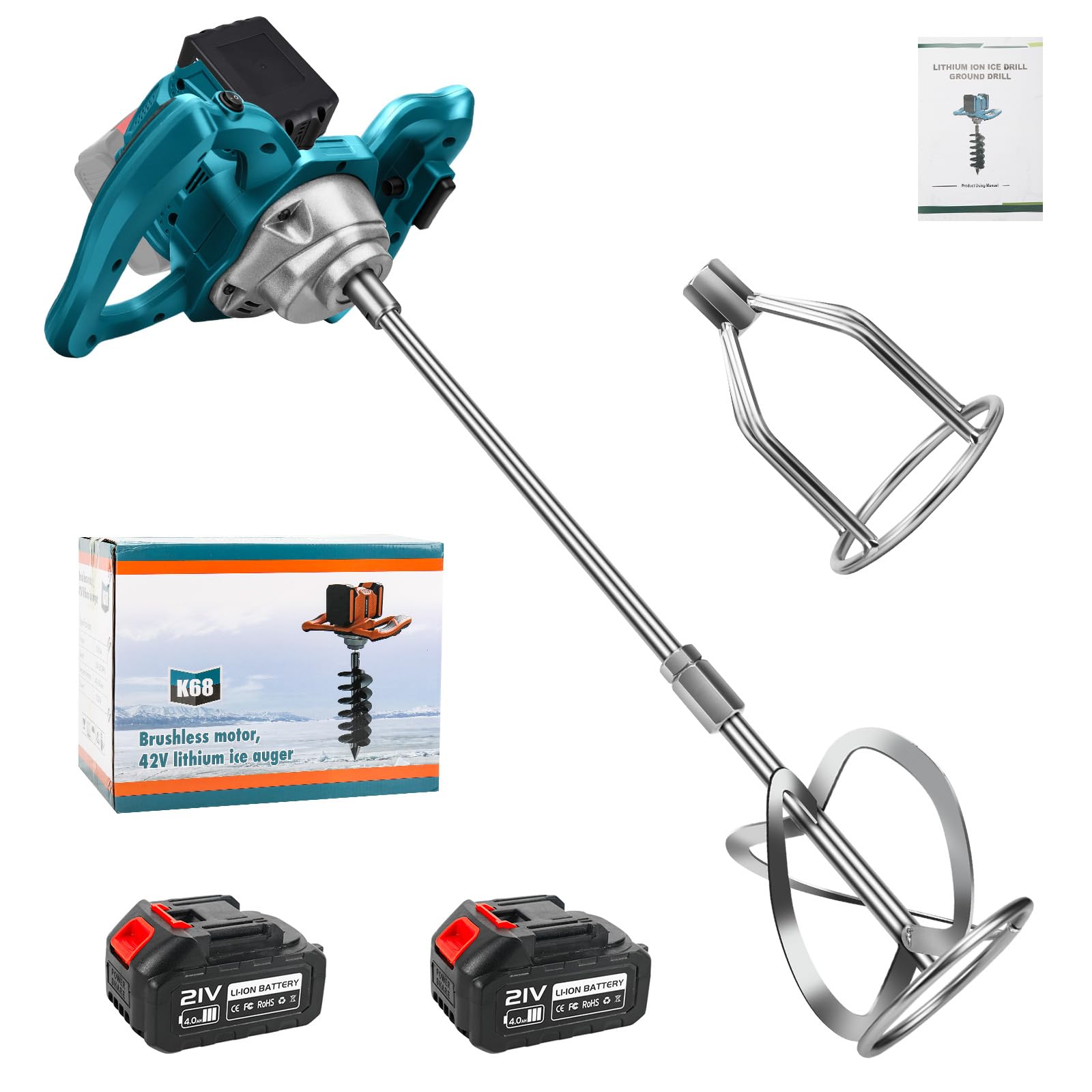 Mezclador de mortero de pintura a batería con 2 pilas, agitador de mortero de color, agitador de 1200 W, mezclador de cemento de 6 velocidades, interruptor bloqueable, ergonómico, mezclador industrial