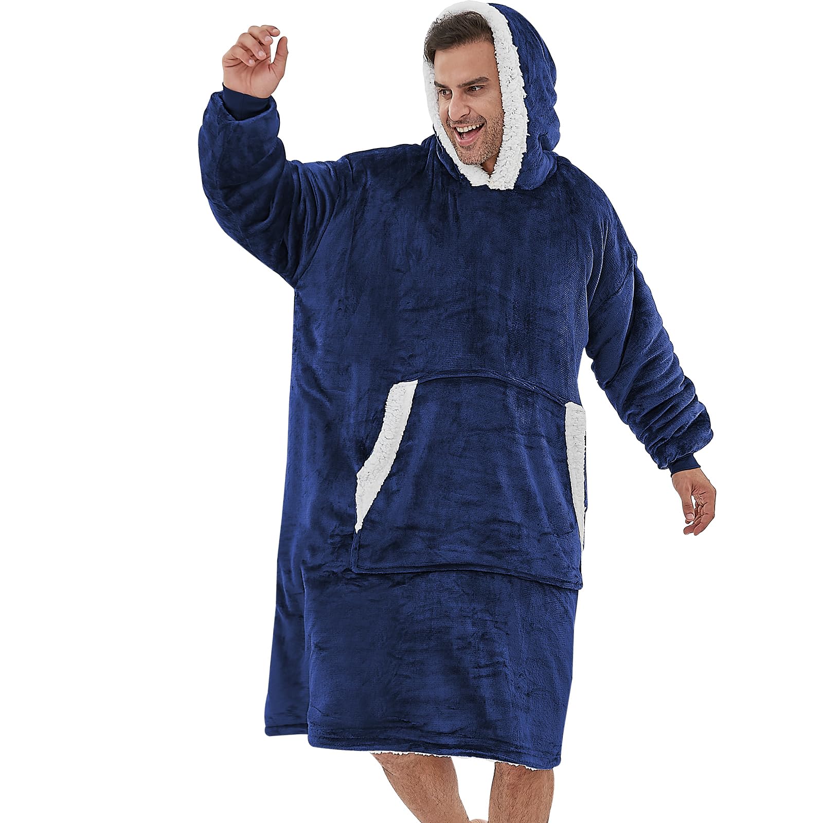 yescoolOversized Wearable Blanket Hoodie, Flannel Sherpa Fleece Blanket Sweatshirt for Adults Women Men, Big Plush Cozy Hooded Blanket with Hood, Pocket & Sleeves, One Size Fits All (Oversize Blue)