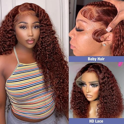 Miniatura 3 de Peluca de cabello humano castaño rojizo de 13 x 4, peluca rizada de cabello humano para mujeres, pelucas de ondas profundas de color rojo cobre,