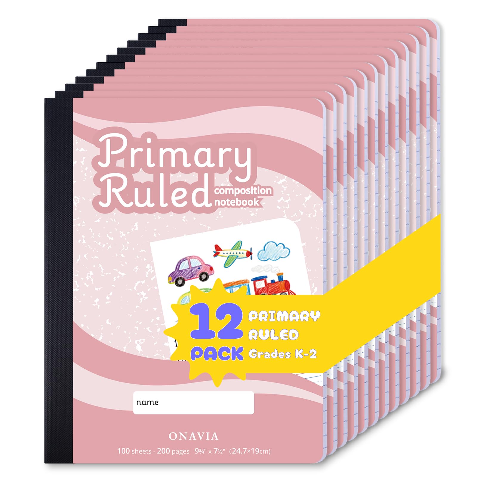 ONAVIA Cuaderno de composición de diario primario, grados K-2, 100 hojas, paquete de 12, 9-3/4 x 7-1/2 pulgadas, cuaderno de escritura y dibujo para niños, color rosa