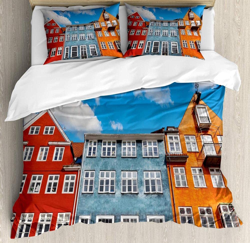 City Old Houses Duvet Cover Set Old Classic Architecture of Nyhavn in Copenhagen Denmark Blue Sky Cl