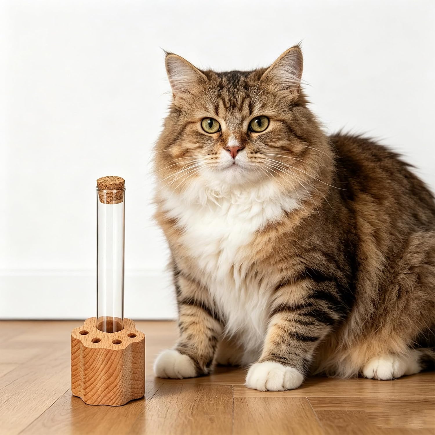 YUXIANLB Cat Whisker Holder Jar, Mini Wooden Transparent Glass Vase