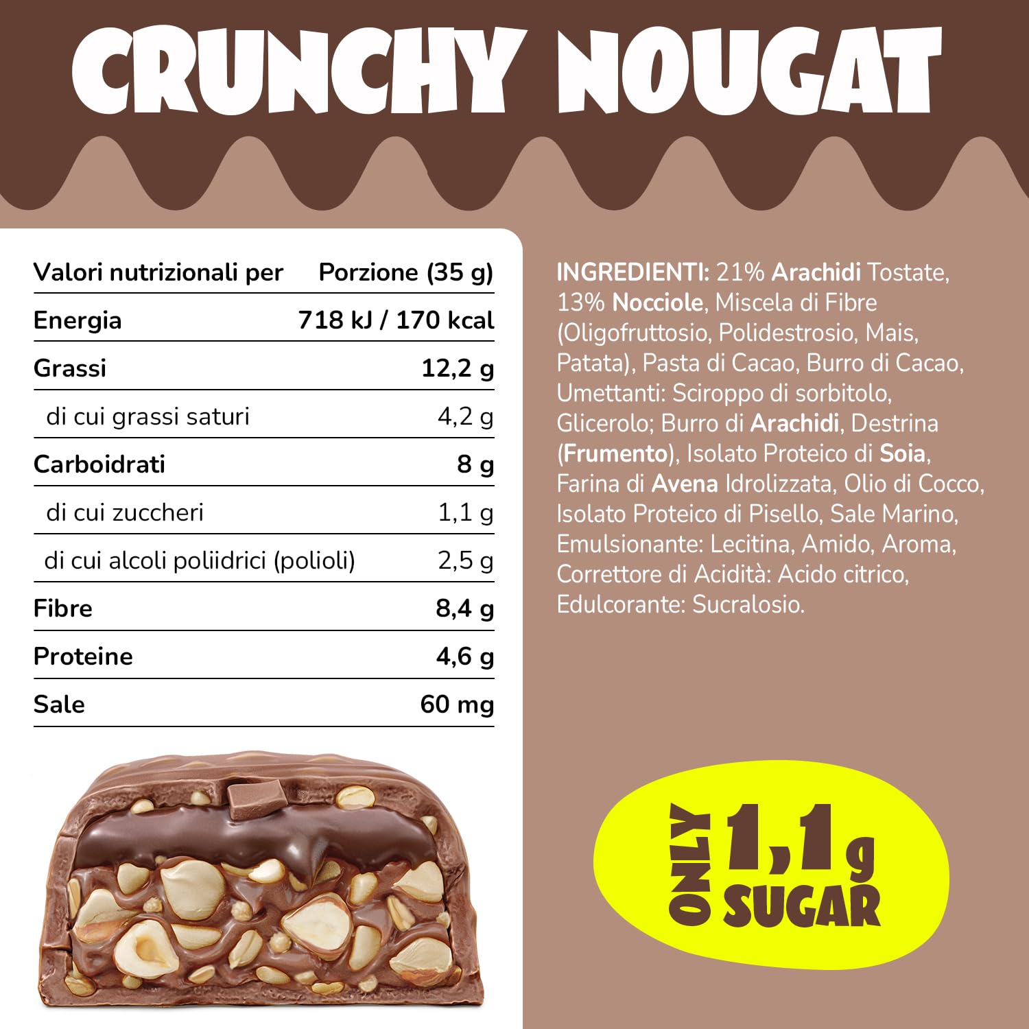 AHEAD Barrette Keto Vegane – 16 x 35g – Crunchy Nougat– Barrette senza zucchero – solo 5g di carboidrati netti per barretta chetogenica – keto bar con cioccolato senza zucchero