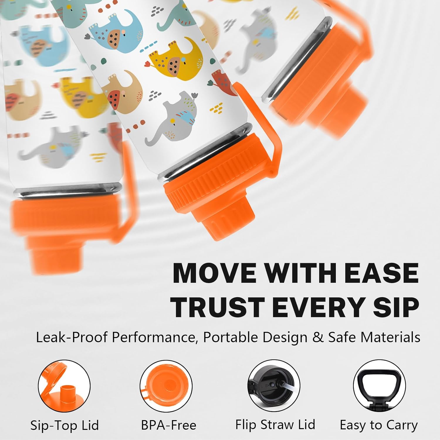 Elephant Water Bottle for Son, Stainless Steel Insulated Tumbler for Home with 2 Lids & Handle, Antislip Silicone Boot, 18oz Reusable Leak-proof Bottle for Sports, 1 PCS - Image 4