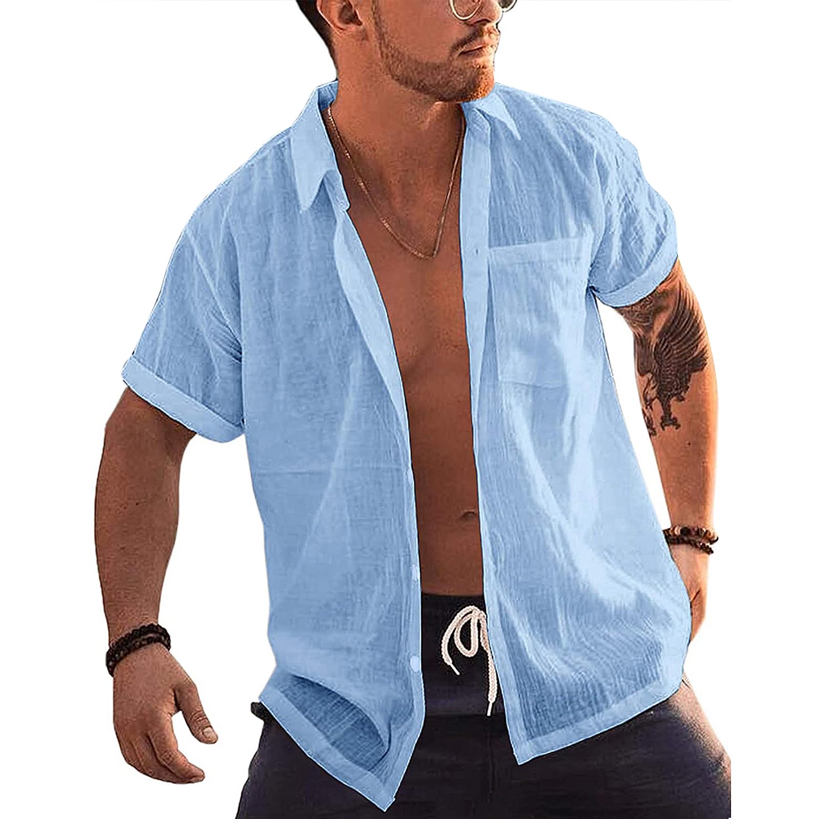 AUMELR Camisas de manga corta para hombre, de algodón y lino, ligeras, para verano, hawaianas, camisa de playa cubana