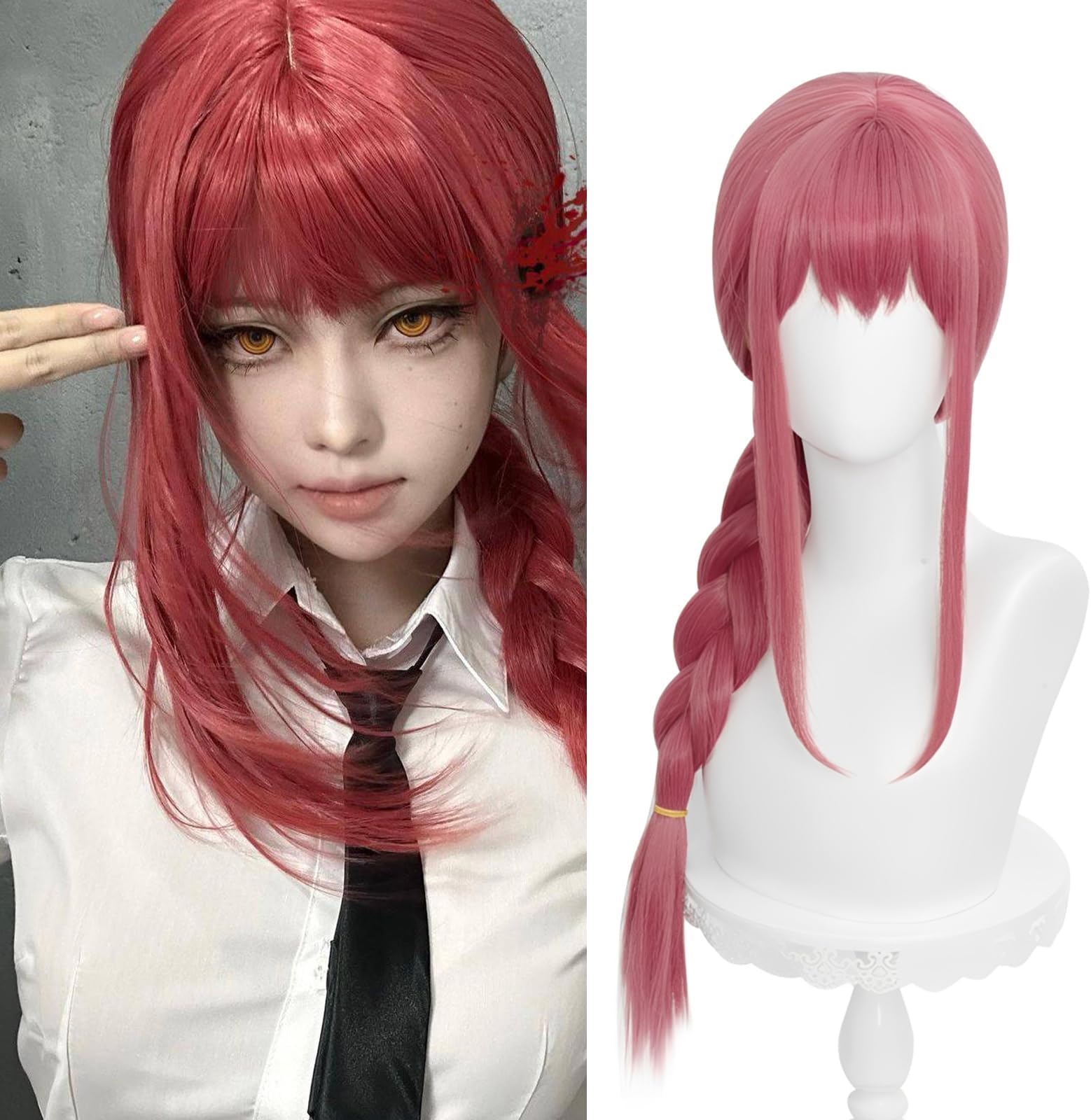 Anime Long Pink Red Cosplay Braids Wig for Women Long Cosplay Wig Synthetic Heat-Resistant Anime Cosplay Party+ Free Cap