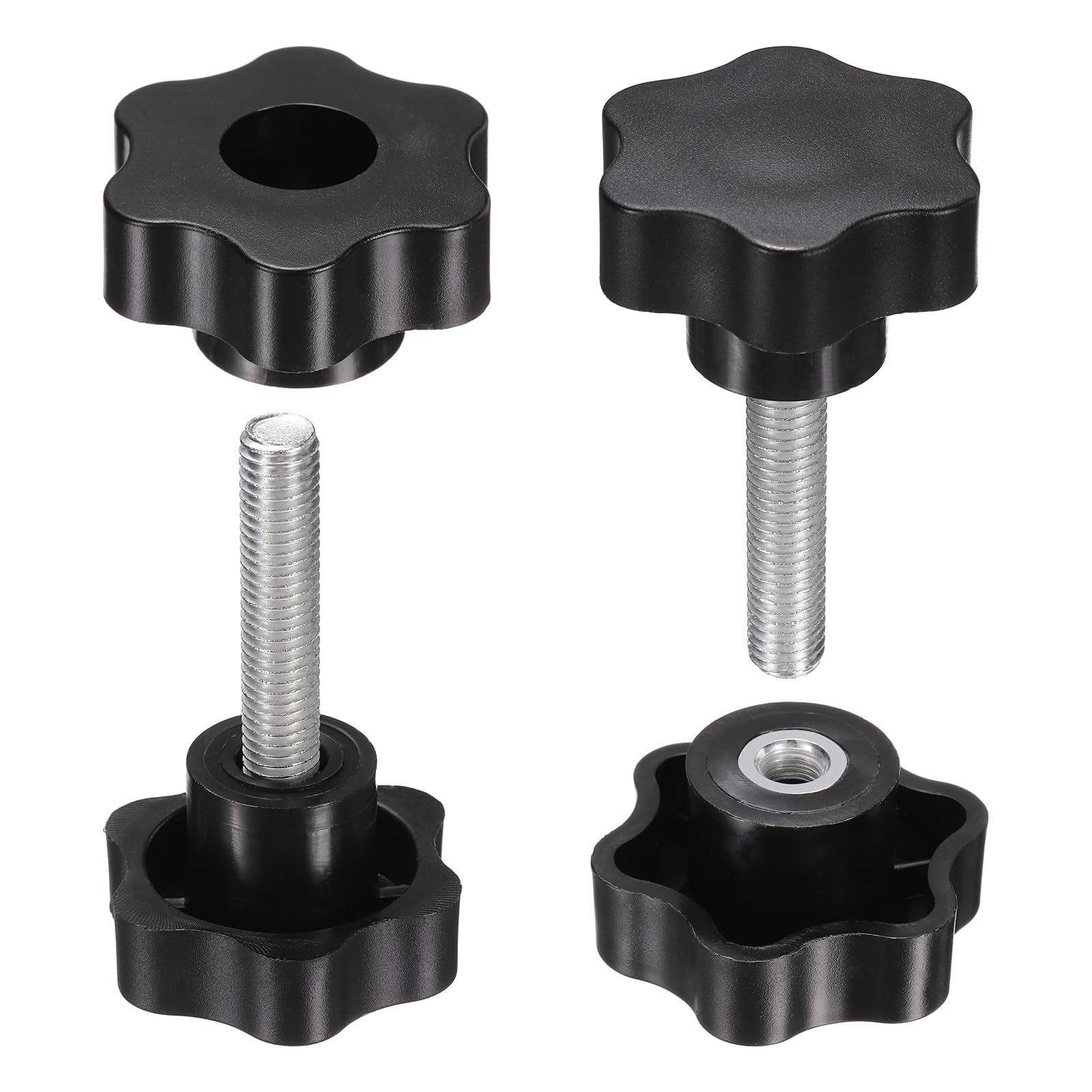 sourcing map 2 Set Star Knobs M10 x 45mm Male + M10 Female Thread 48mm Head Metric 6-Star Threaded Stud Clamping Handles Screw in Through Hole Hand Jig Knob Thumb Screws, Black