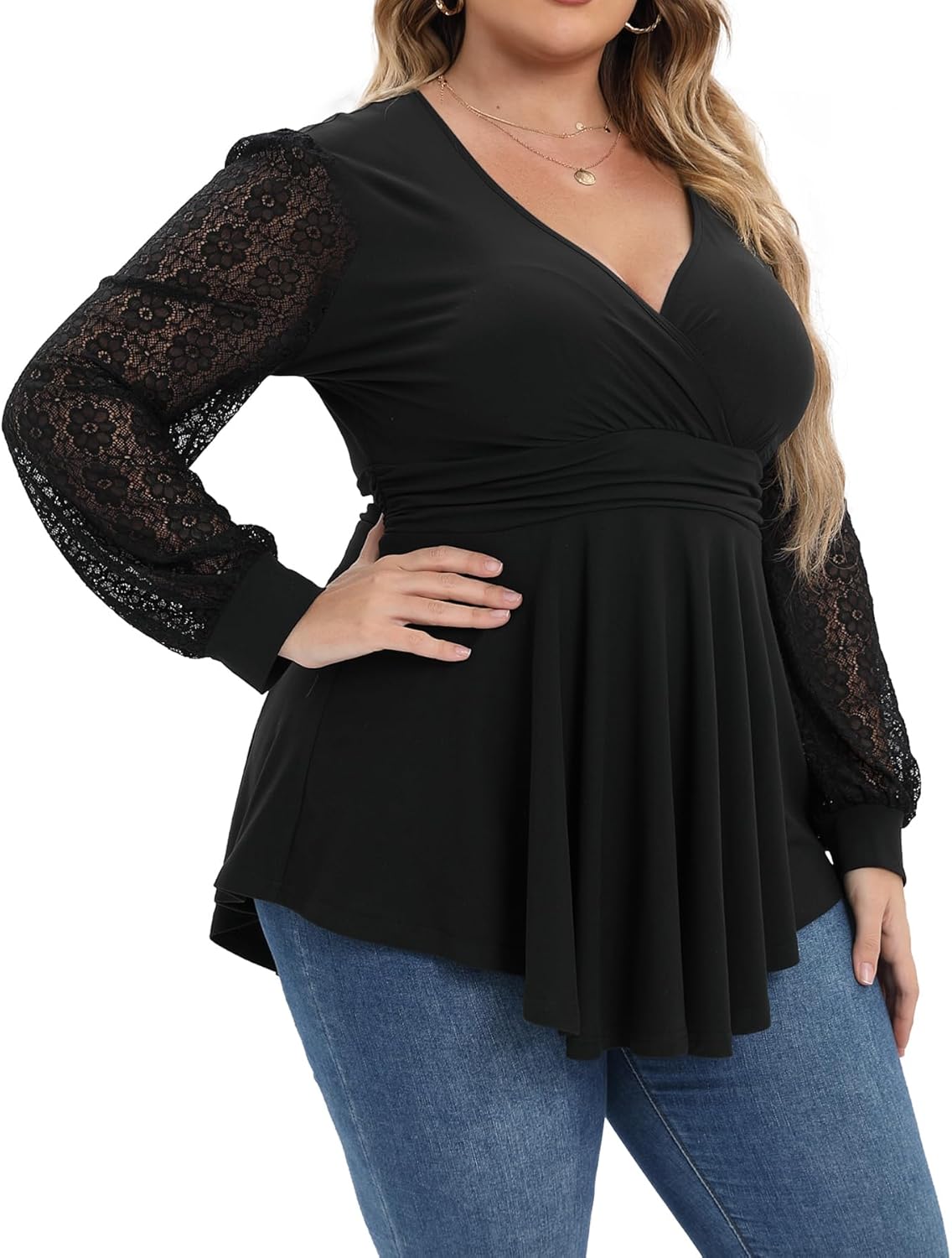 Plus Size Tops for Women Lace Long Sleeve Fall Shirts Casual Dressy Wrap V Neck Pleated Tunic Top - Image 4