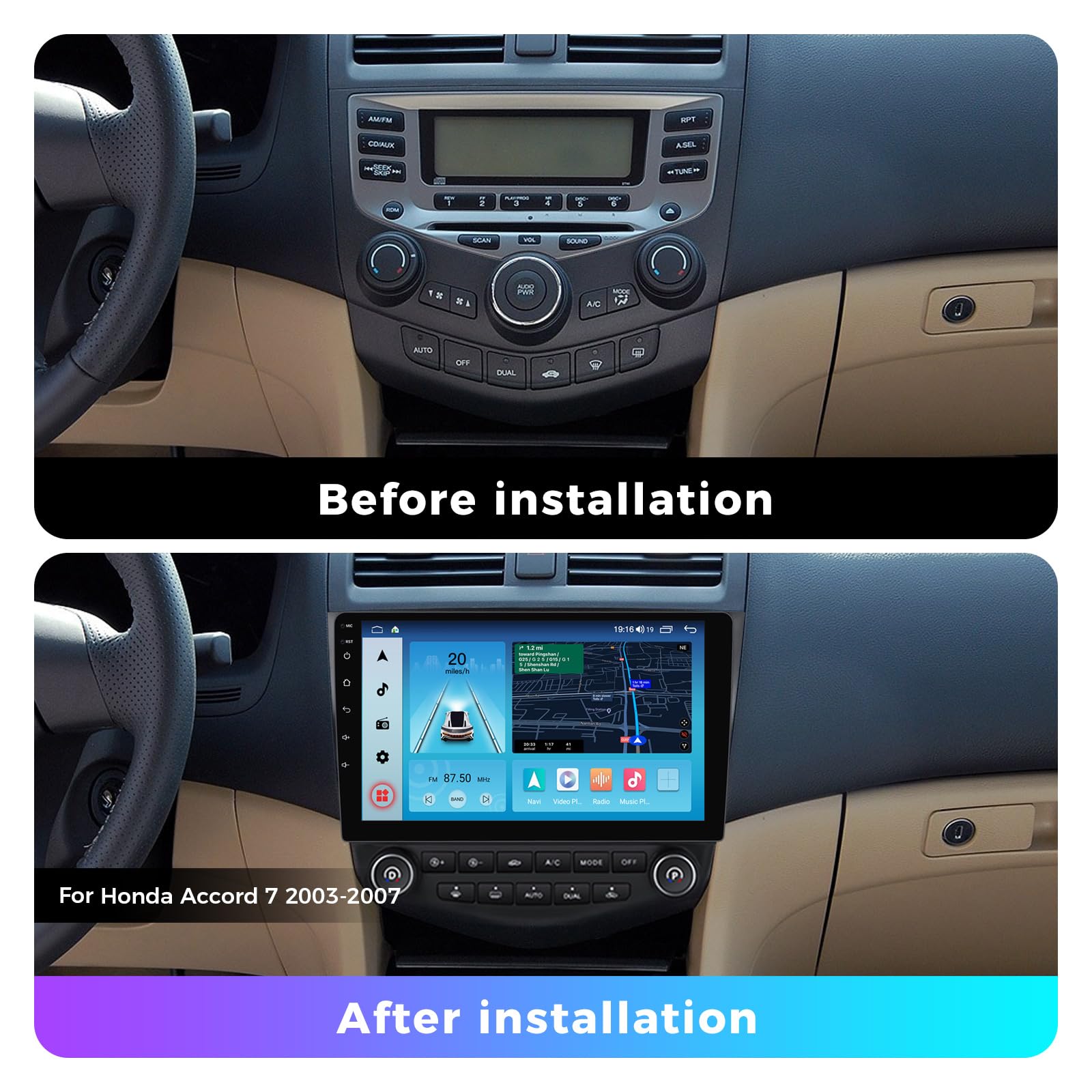 Radio Upgrade for Honda Accord 7 2003-2007 Carplay Car Stereo Replacement with Carplay & Android Auto 8-Core CPU 2+32G 10 Inch Touch Screen Bluetooth GPS Navigation DSP Steering Wheel Control