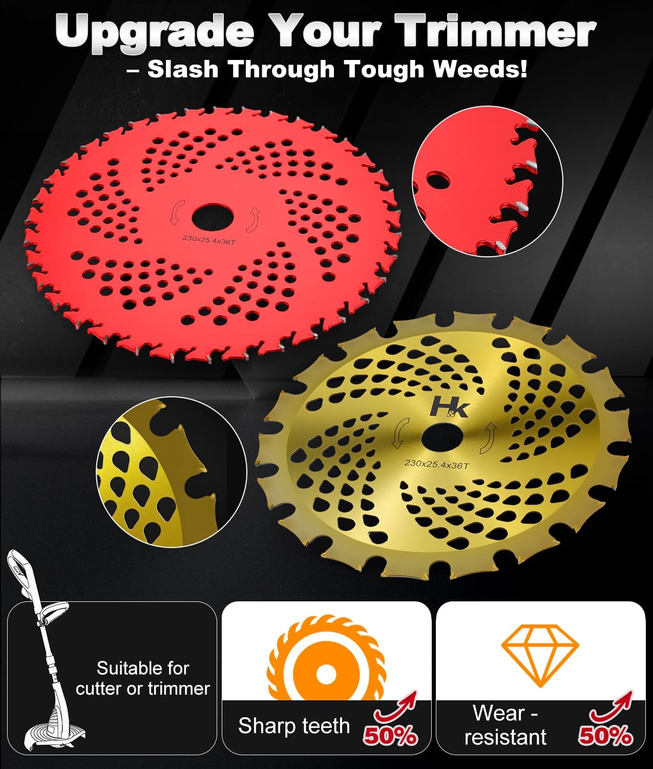 HK 2 Pack 9" x36T Carbide Tip Brush Cutter Blades Weed Eater Blades for Brush Cutter, Trimmer, Weed Eater, Compatible with Husqvarna, Stihl, Fsx, and More