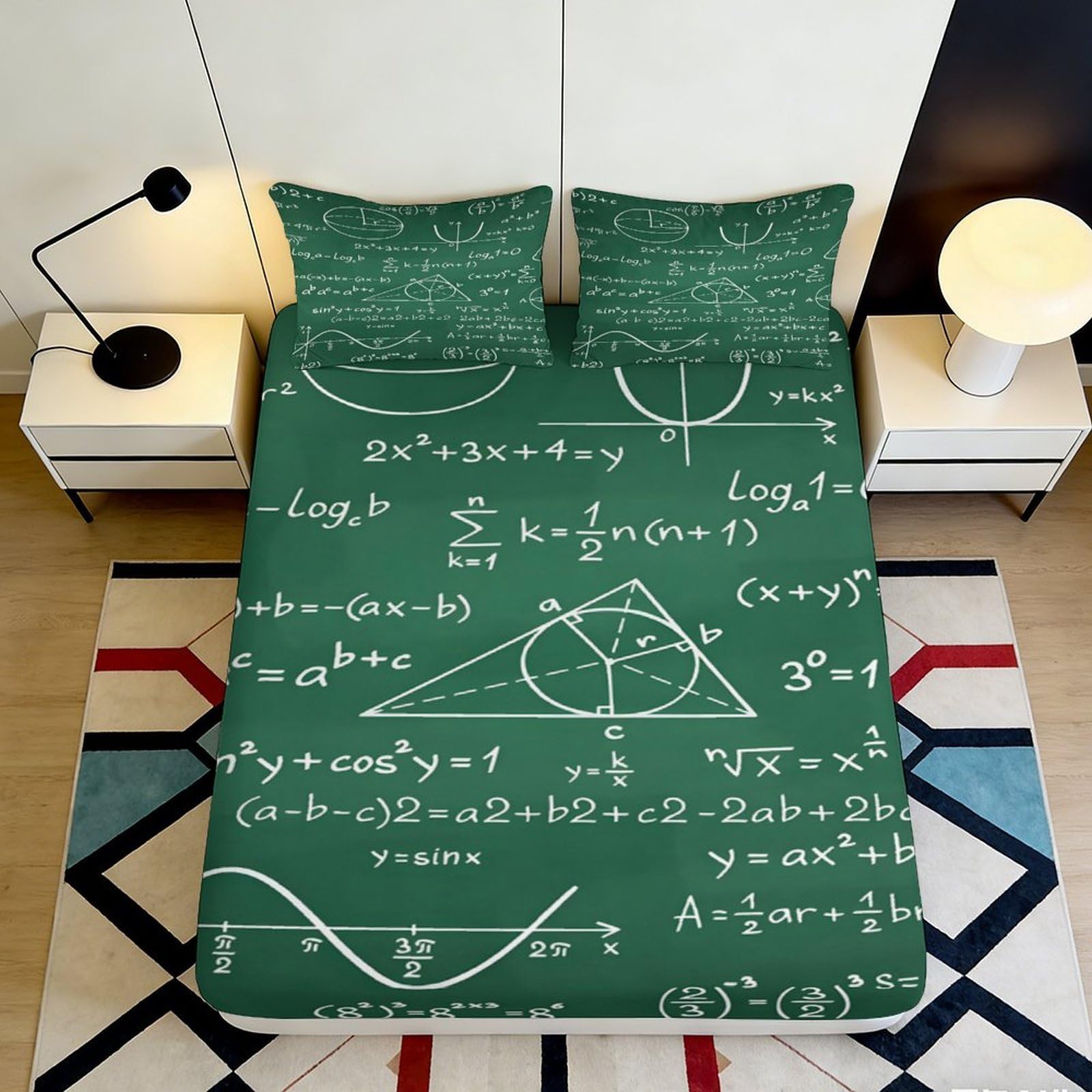 3D Printed Chalkboard Math Fitted Sheet Microfiber Breathable Geometric Formula Bed Cover for Bedroom Dorm Decor 90x200x25cm