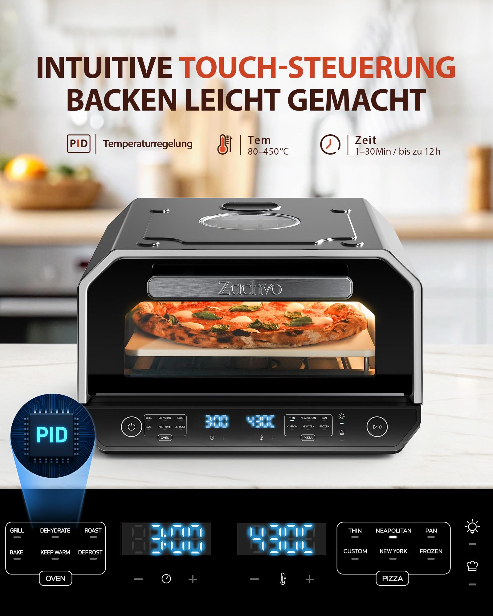 Pizzaofen Elektrisch 450°C – Neapolitanische Pizza in 90 Sek, Sichtfenster & Innenbeleuchtung, 6 Programme & & 6 Kochmodi, Profi-Koch-Modus, Pizzaschaufel & Pizzastein & Backblech